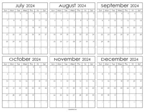 Printable July to December Calendar 2024