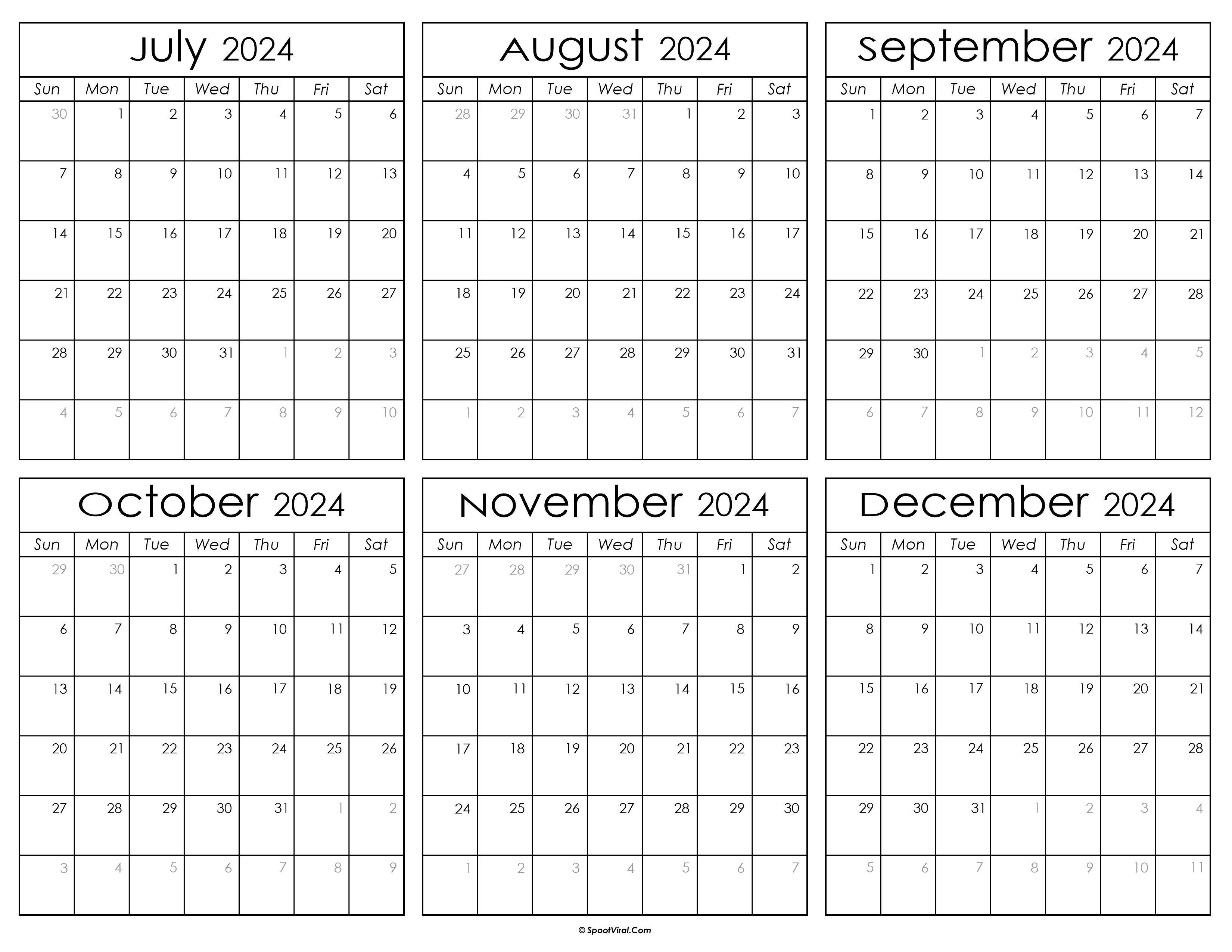 Printable July to December Calendar 2024
