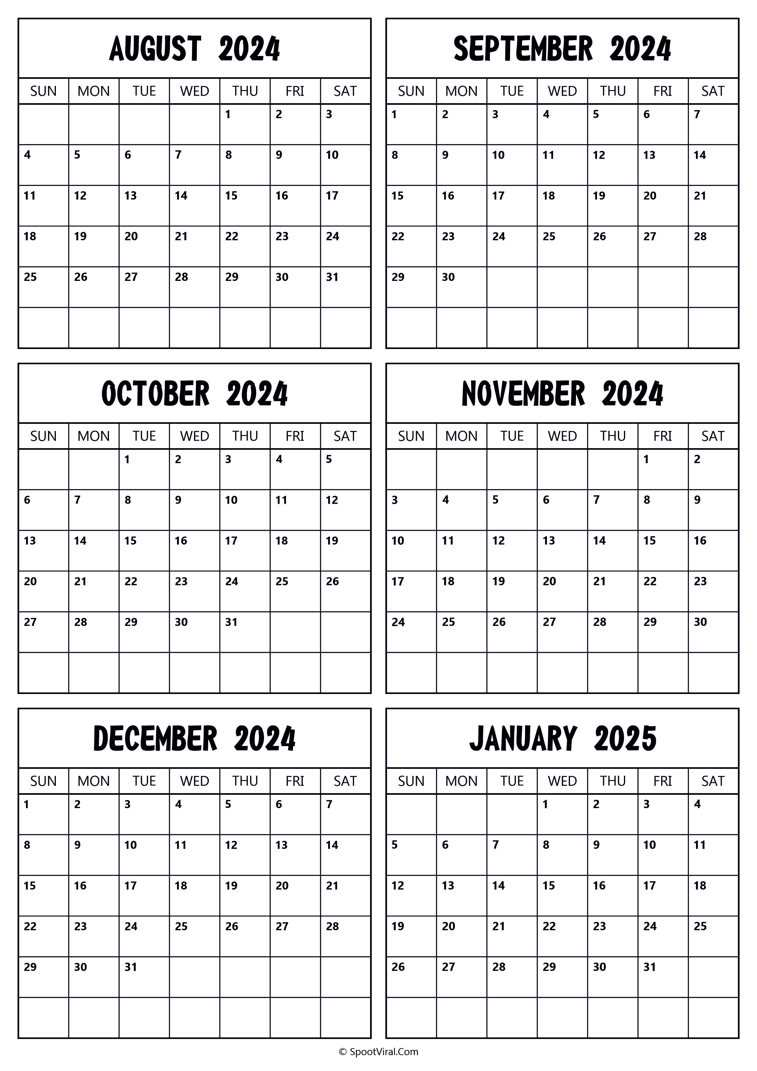 2024 August to 2025 January Calendar