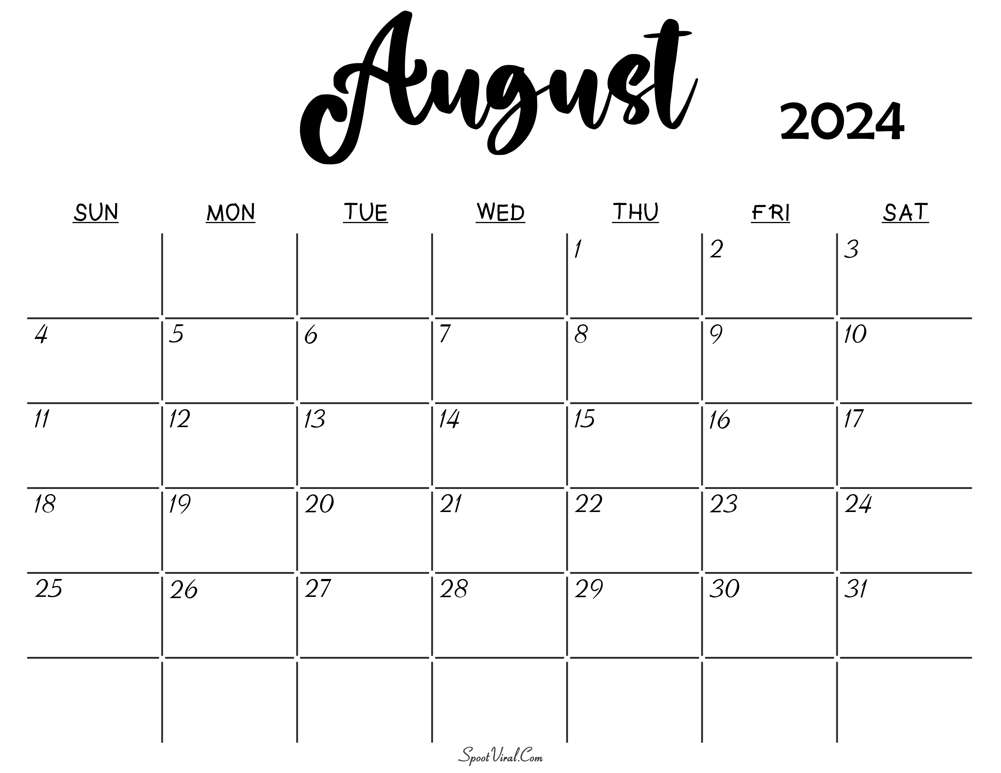August 2024 Calendar, August 2024 Calendar Printable, August 2024 Calendar Template, Blank Calendar August 2024