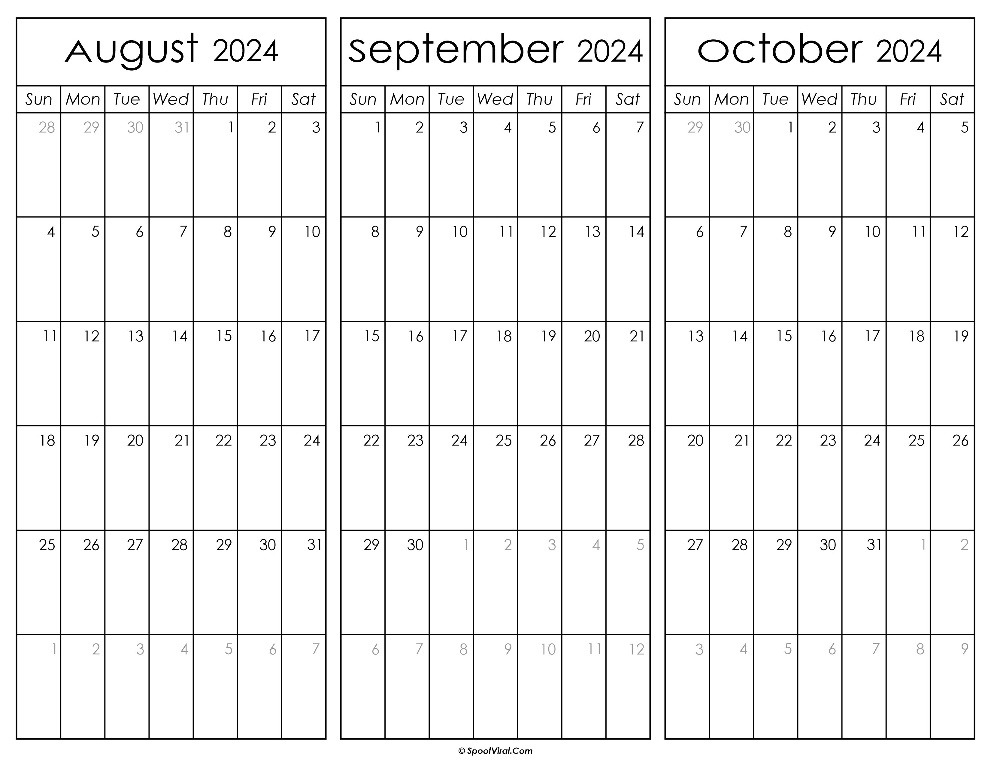 August September and October Calendar 2024