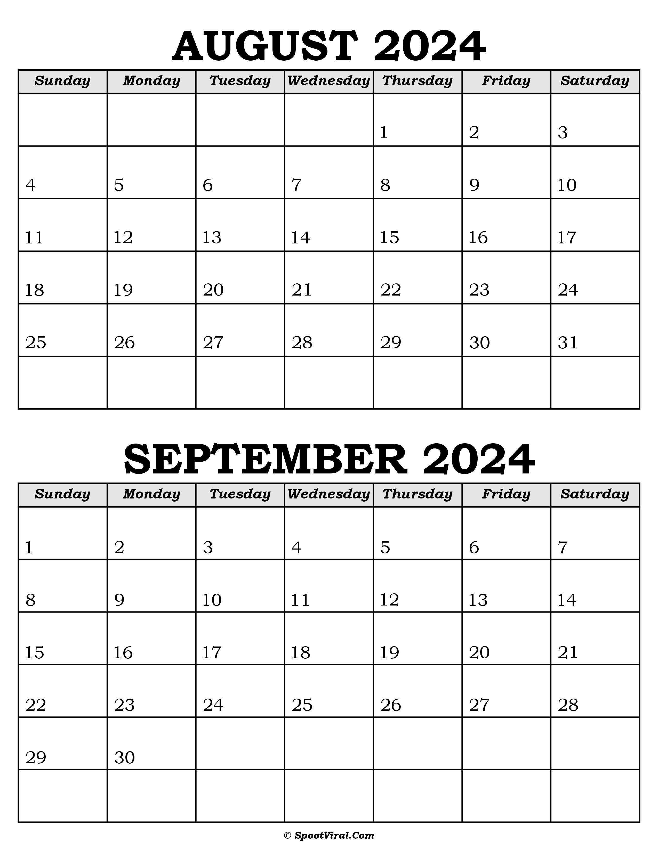 August and September Calendar 2024