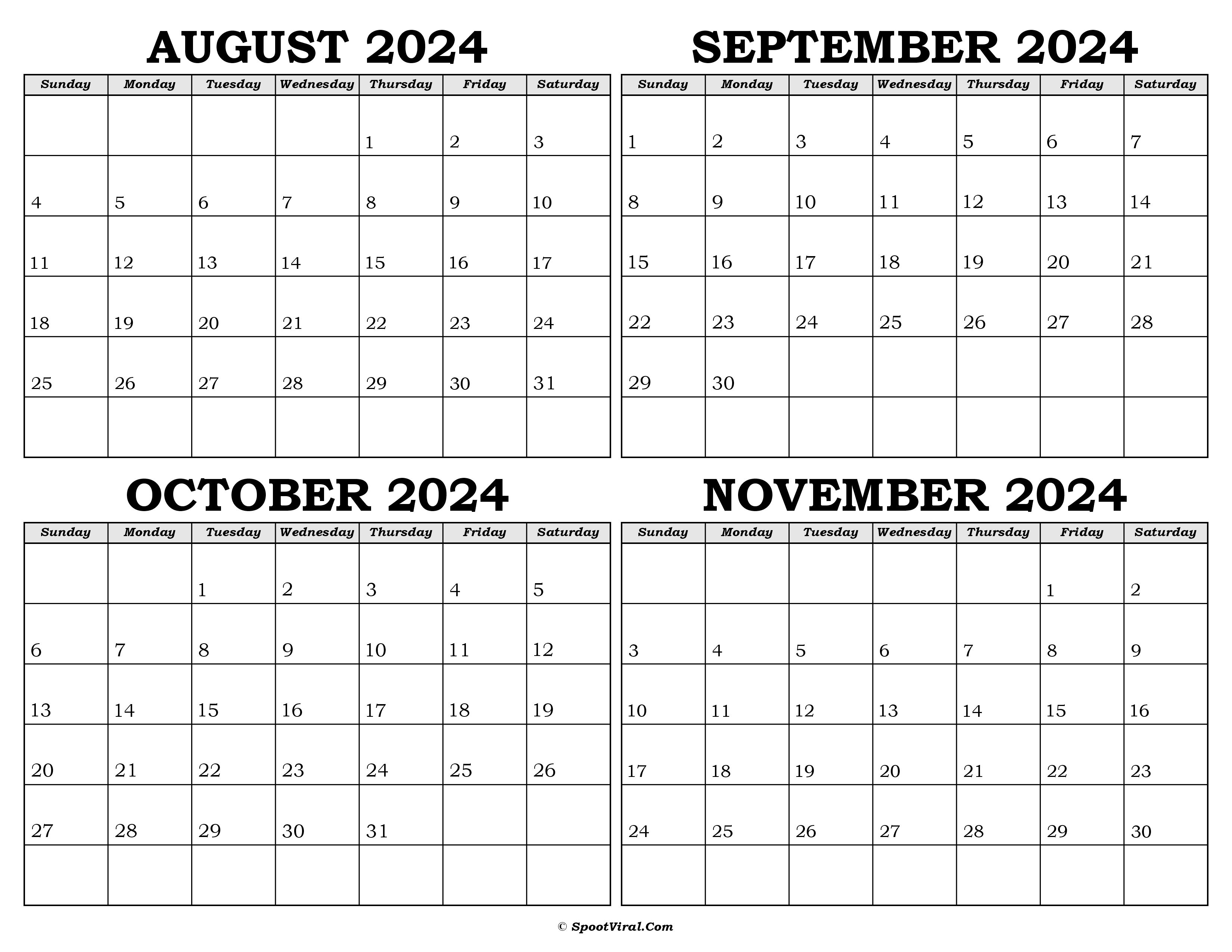 Calendar August to November 2024