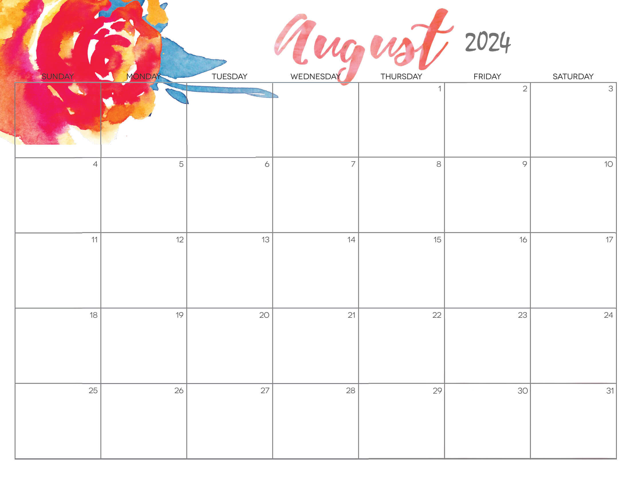 Cute August Calendar 2024 Printable