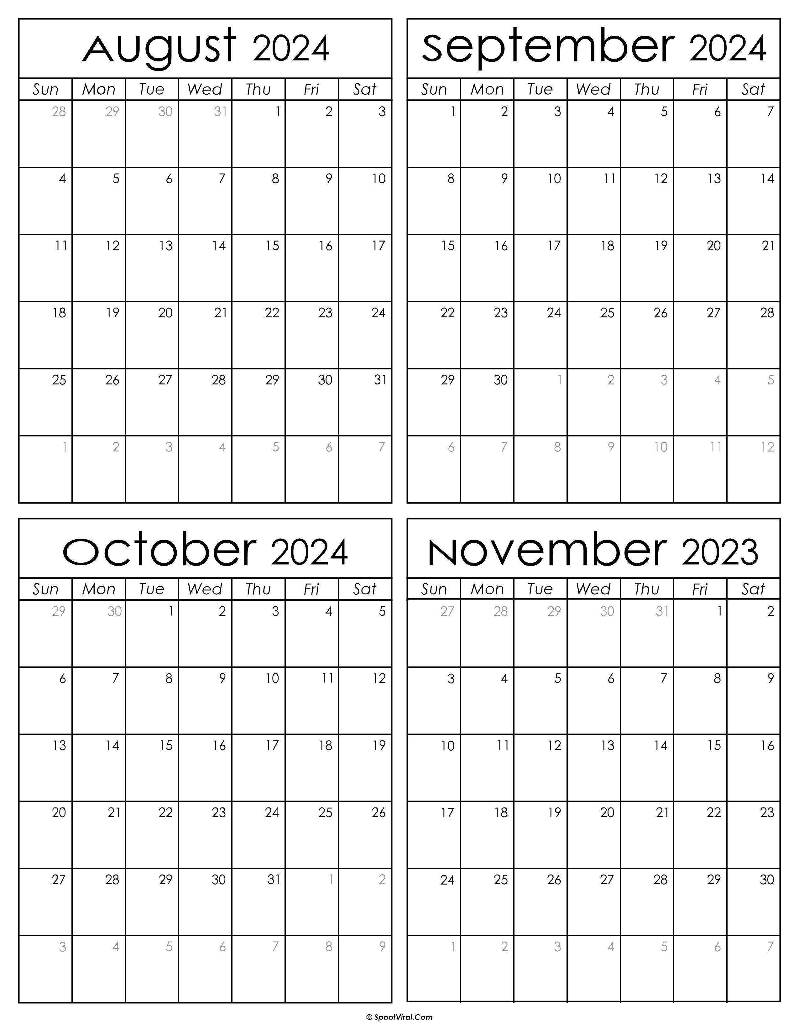 Printable August to November 2024 Calendars