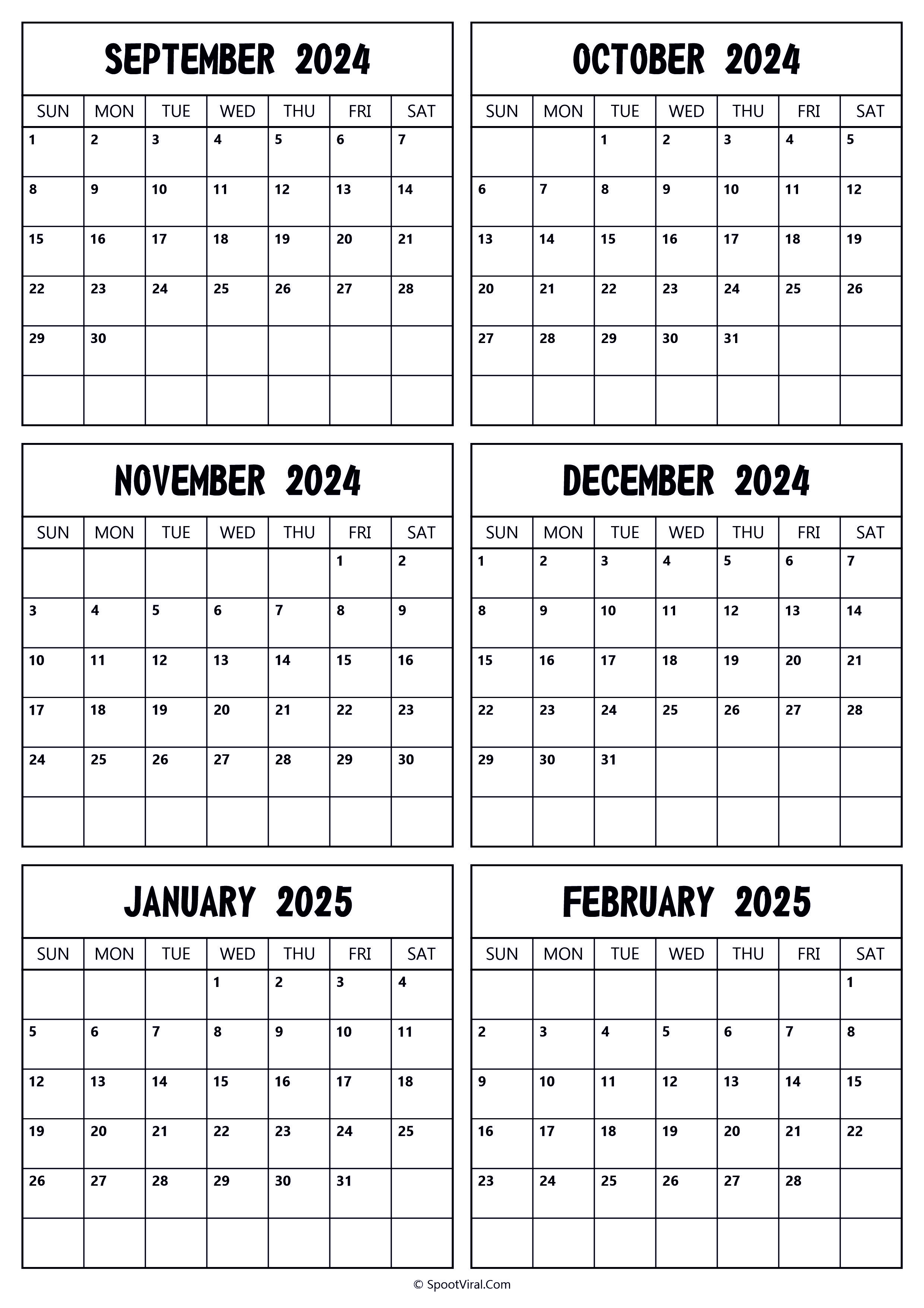 2024 September to 2025 February Calendar