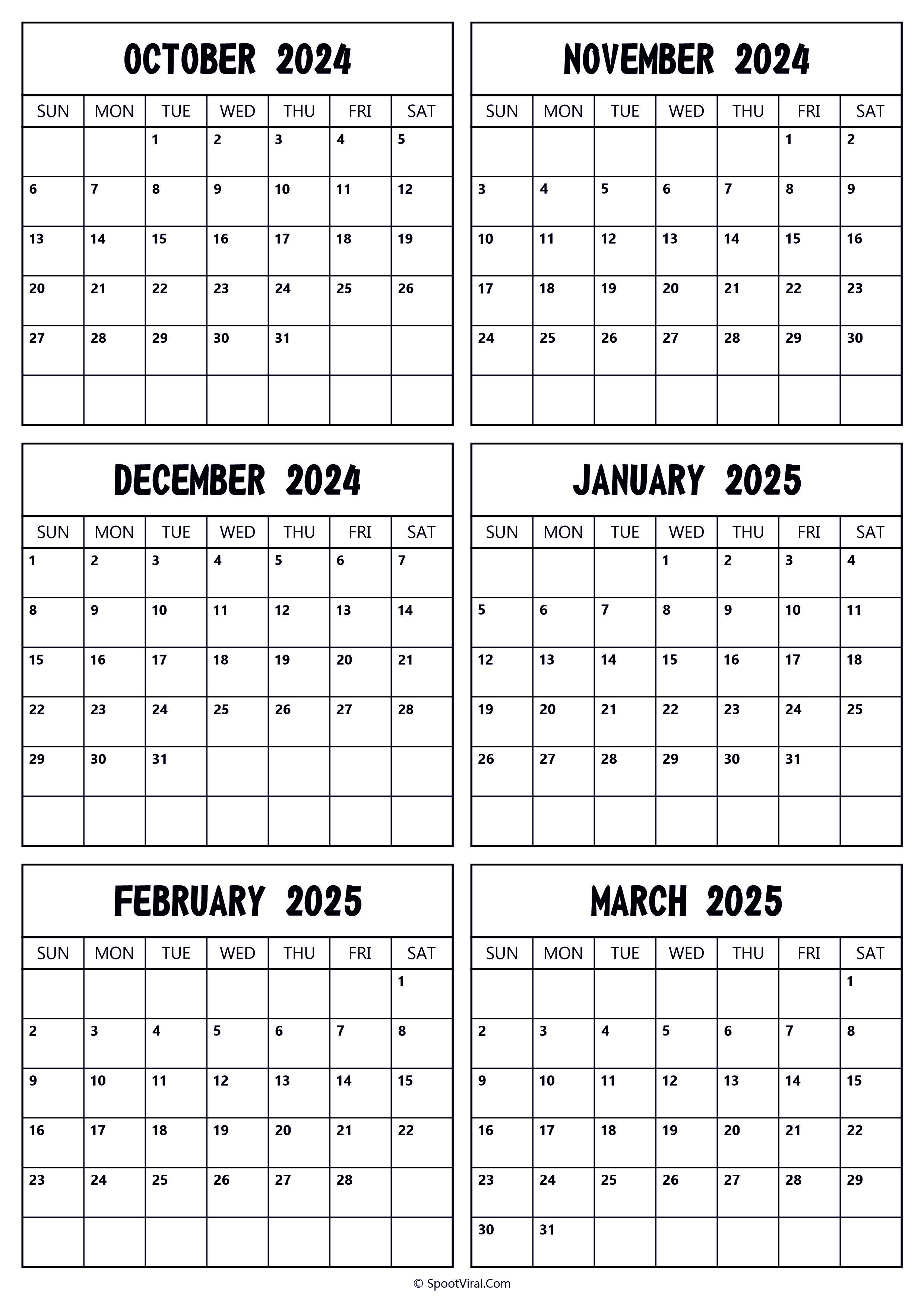 2024 October to 2025 March Calendar