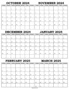 Calendar October 2024 to March 2025
