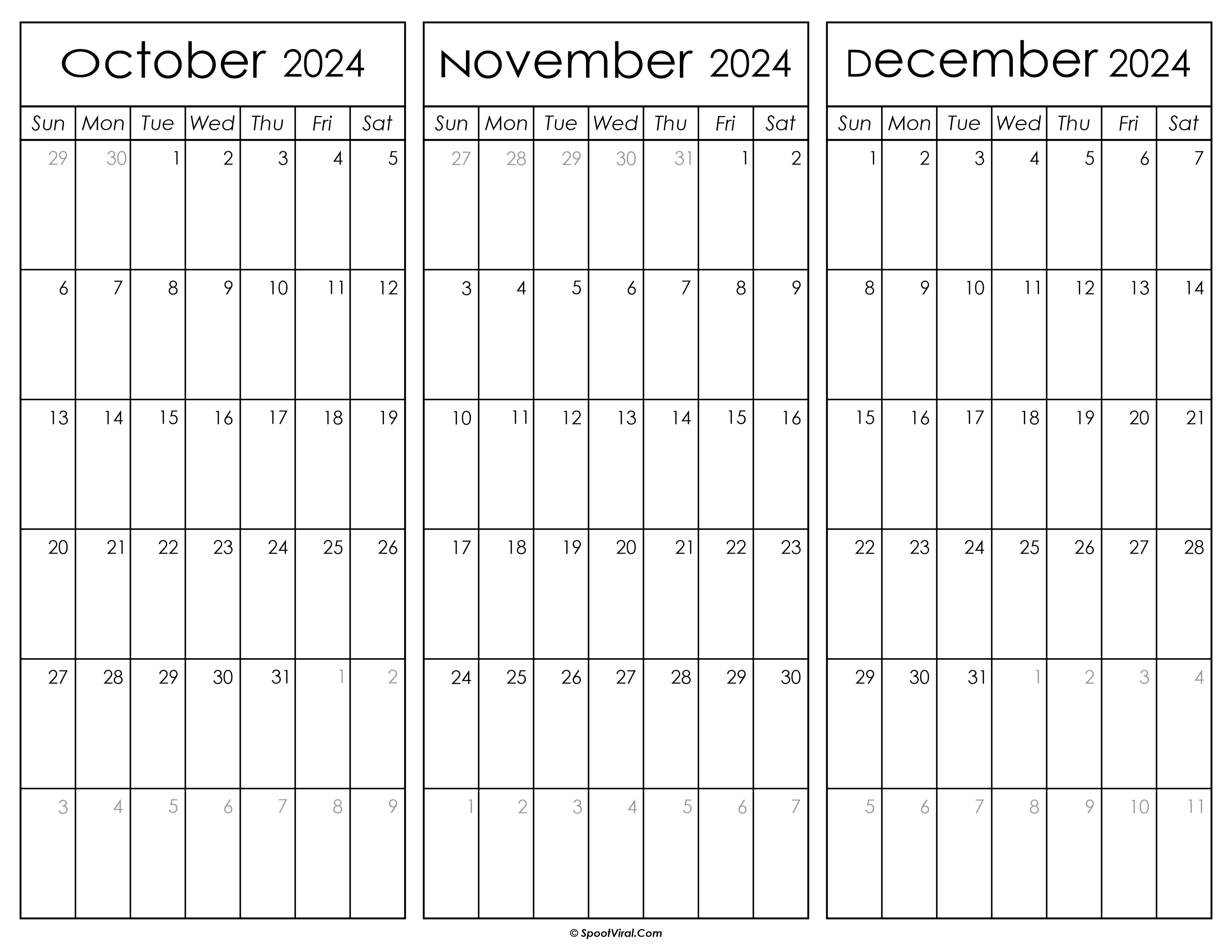 October November and December Calendar 2024