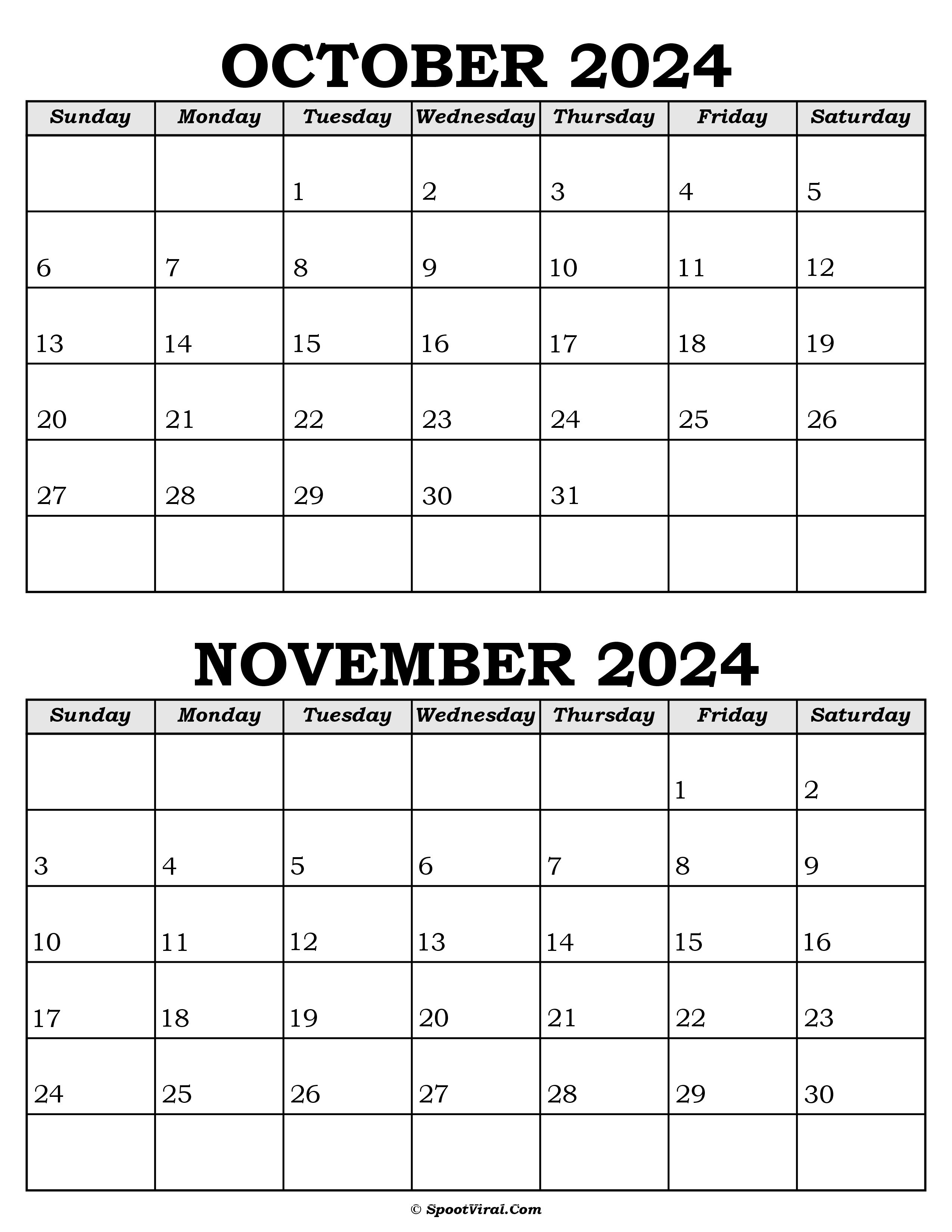 October and November Calendar 2024