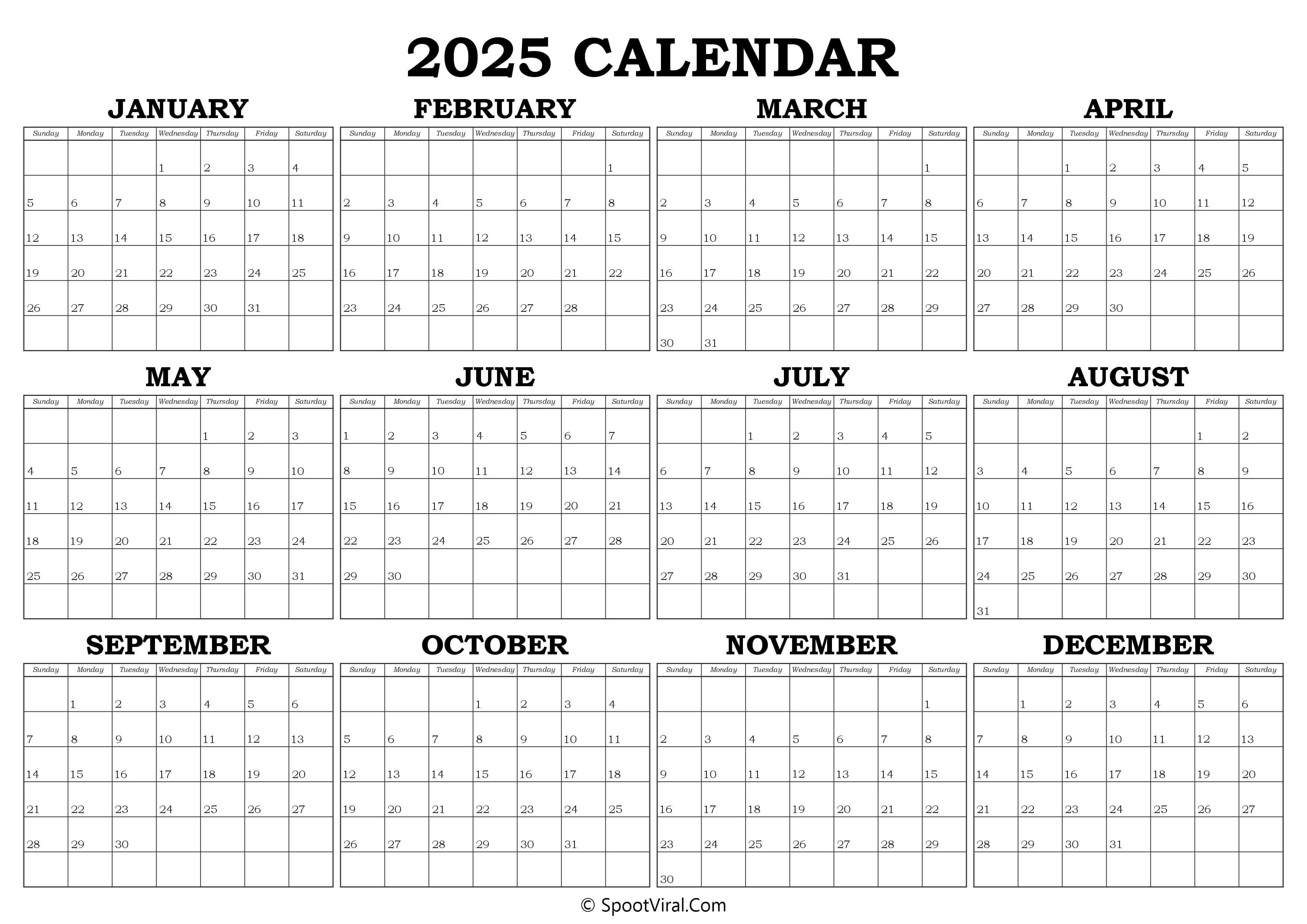 Printable 2025 Yearly Calendar