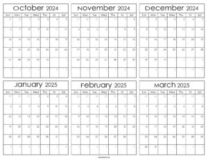Printable October 2024 to March 2025 Calendar
