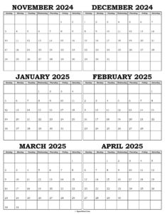 Calendar November 2024 to April 2025
