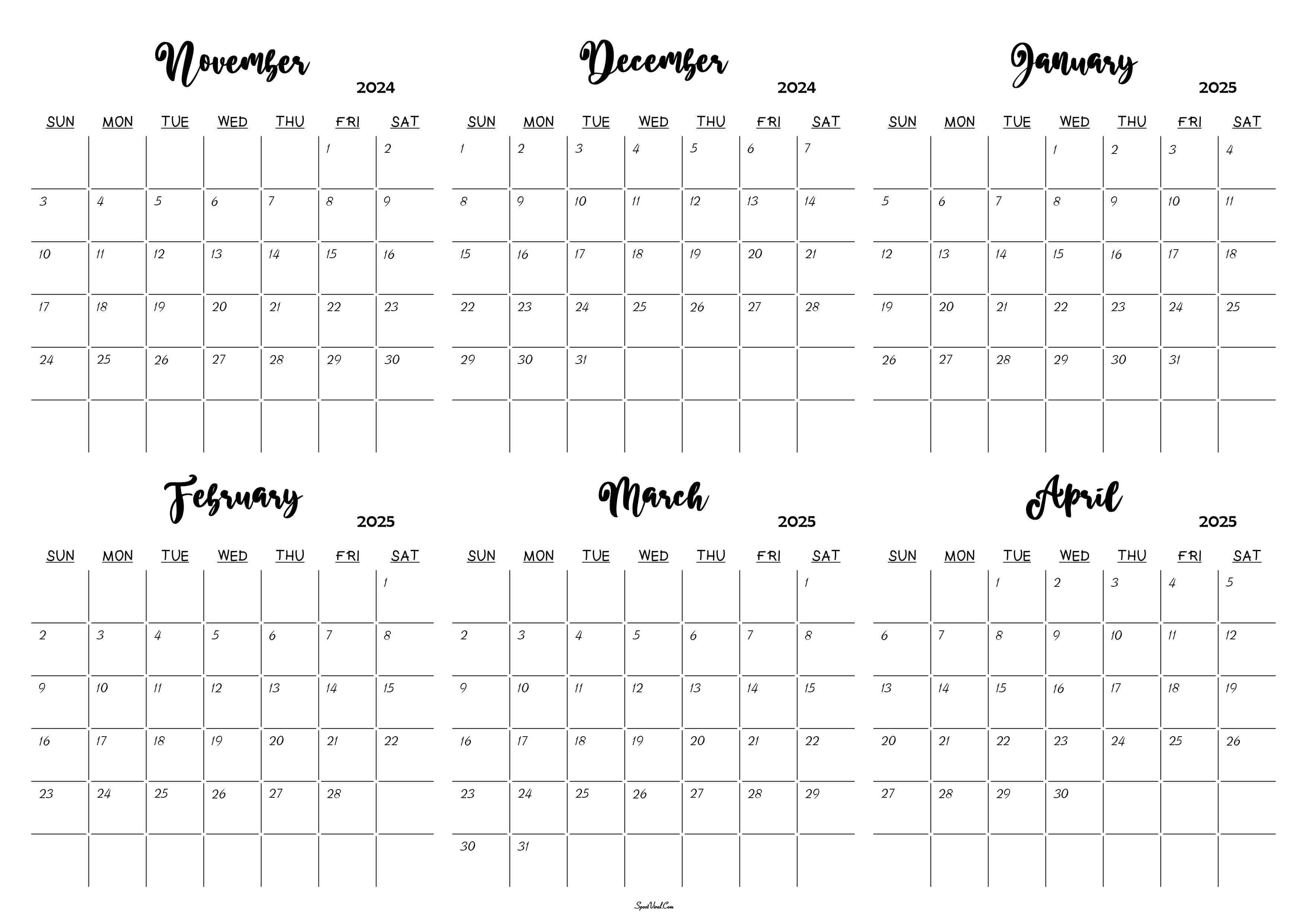 November 2024 to April 2025 Calendar