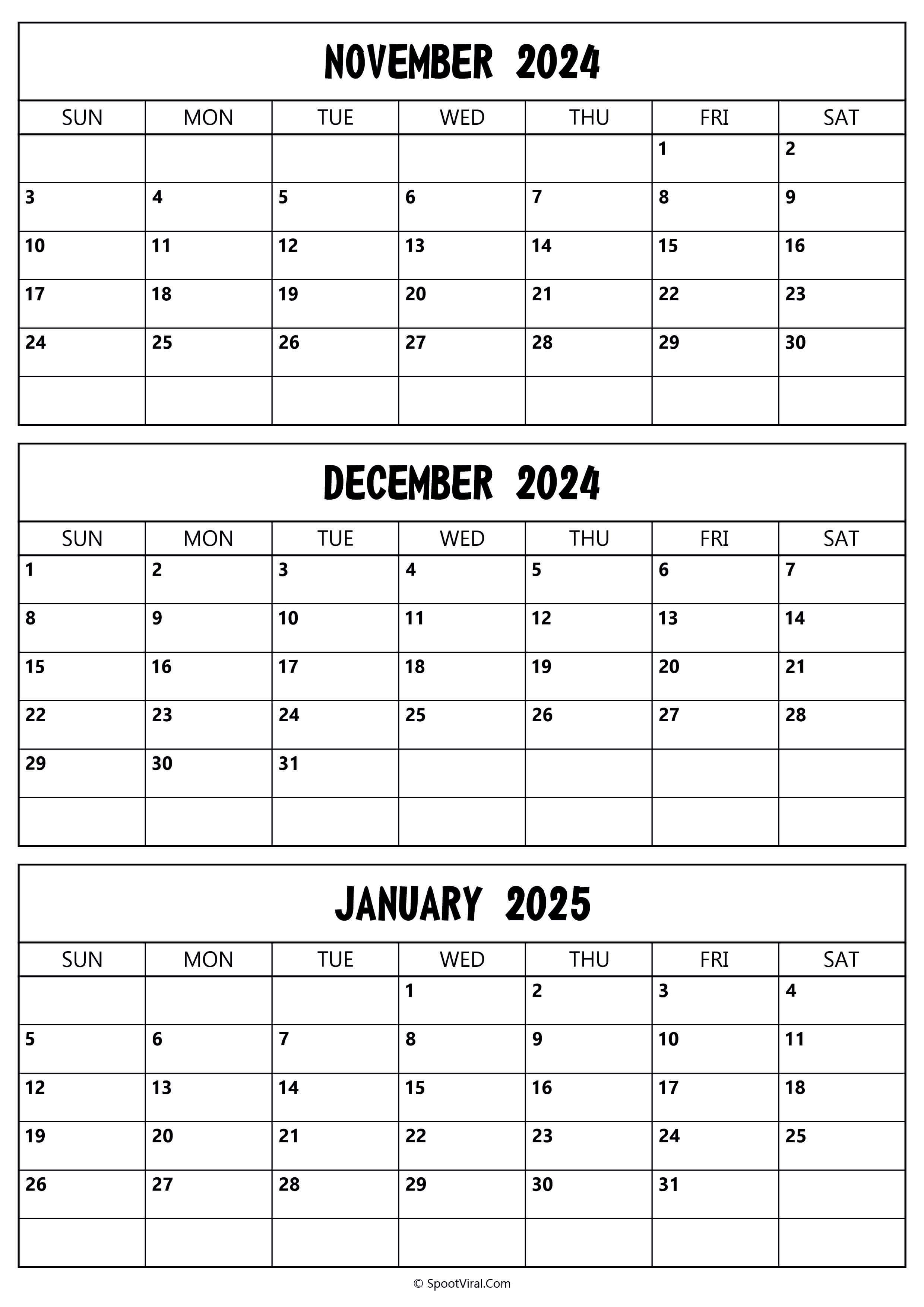 November 2024 to January 2025 Calendar