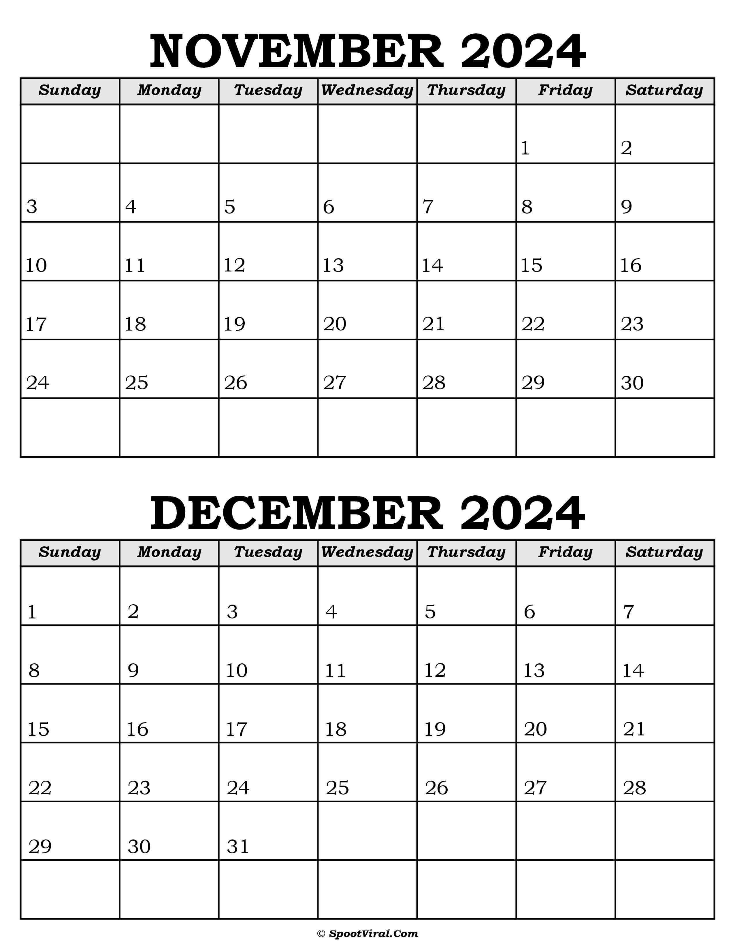 November and December Calendar 2024