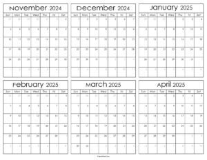 Printable November 2024 to April 2025 Calendar