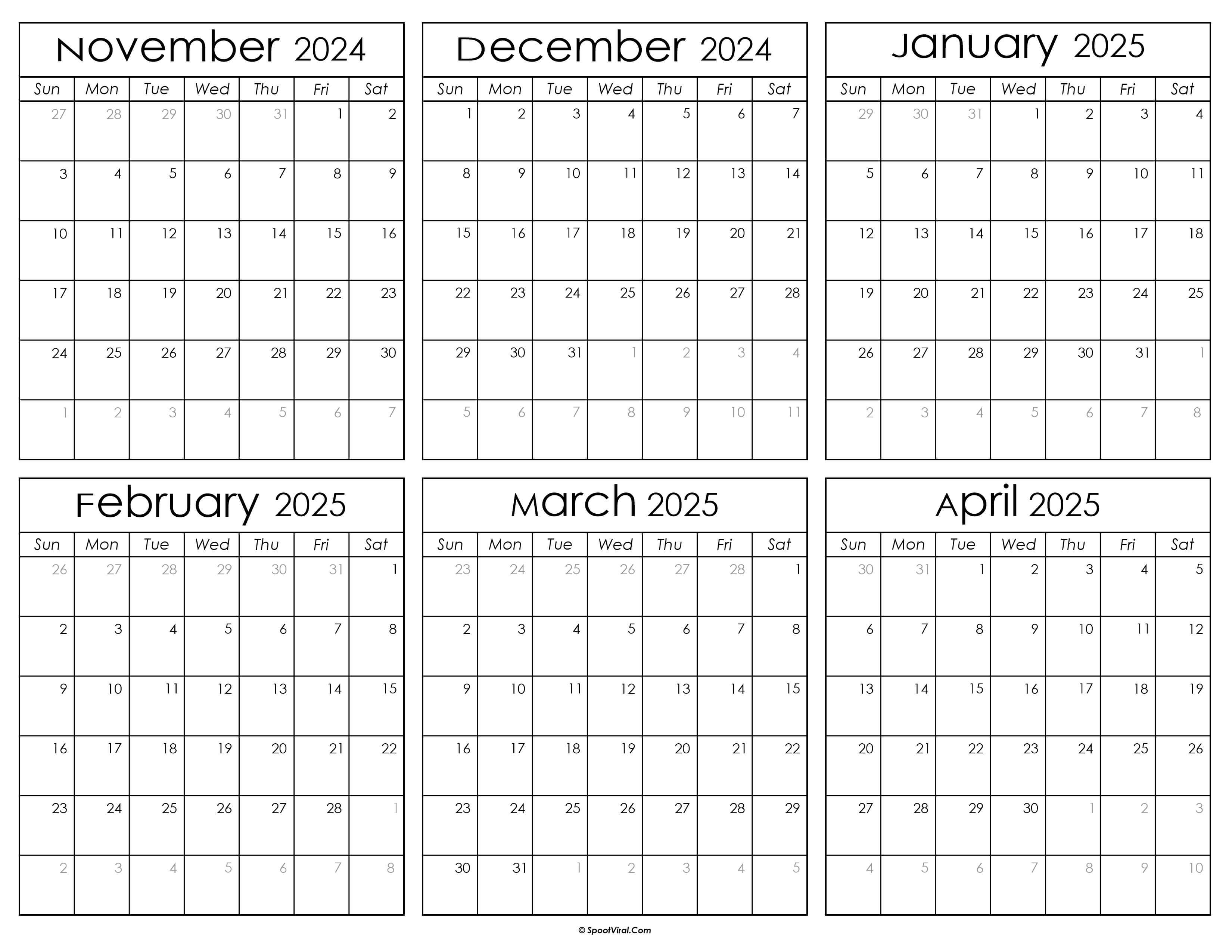 Printable November 2024 to April 2025 Calendar
