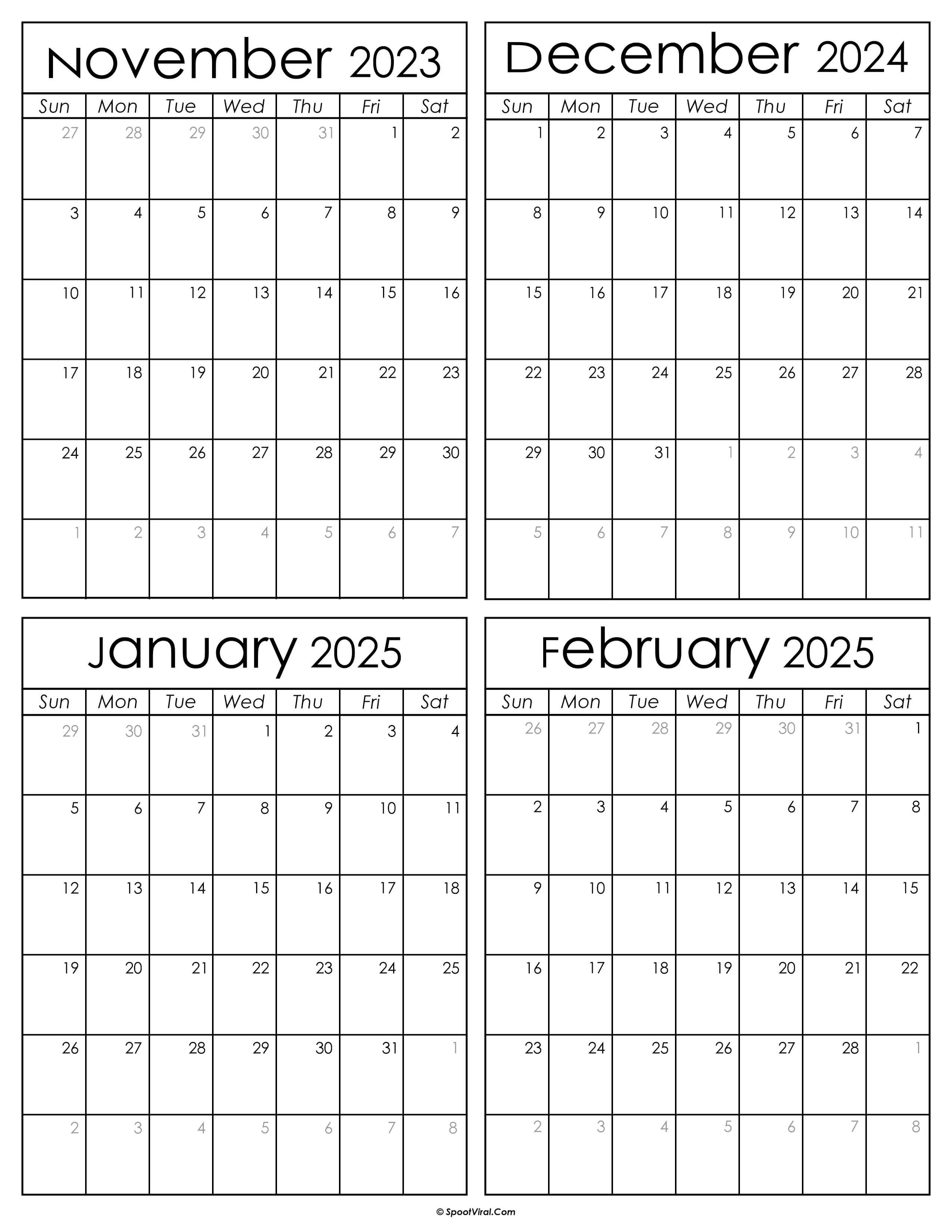 Printable November 2024 to February 2025 Calendars