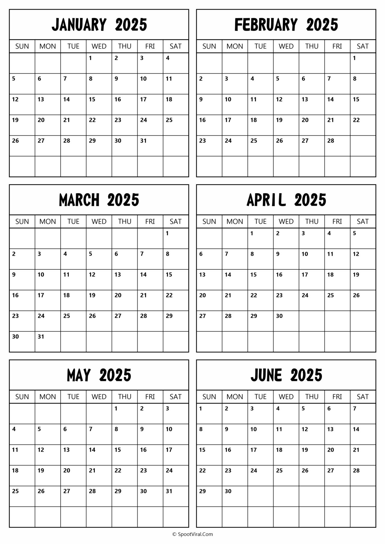 January to June 2025 Calendar Templates SpootViral