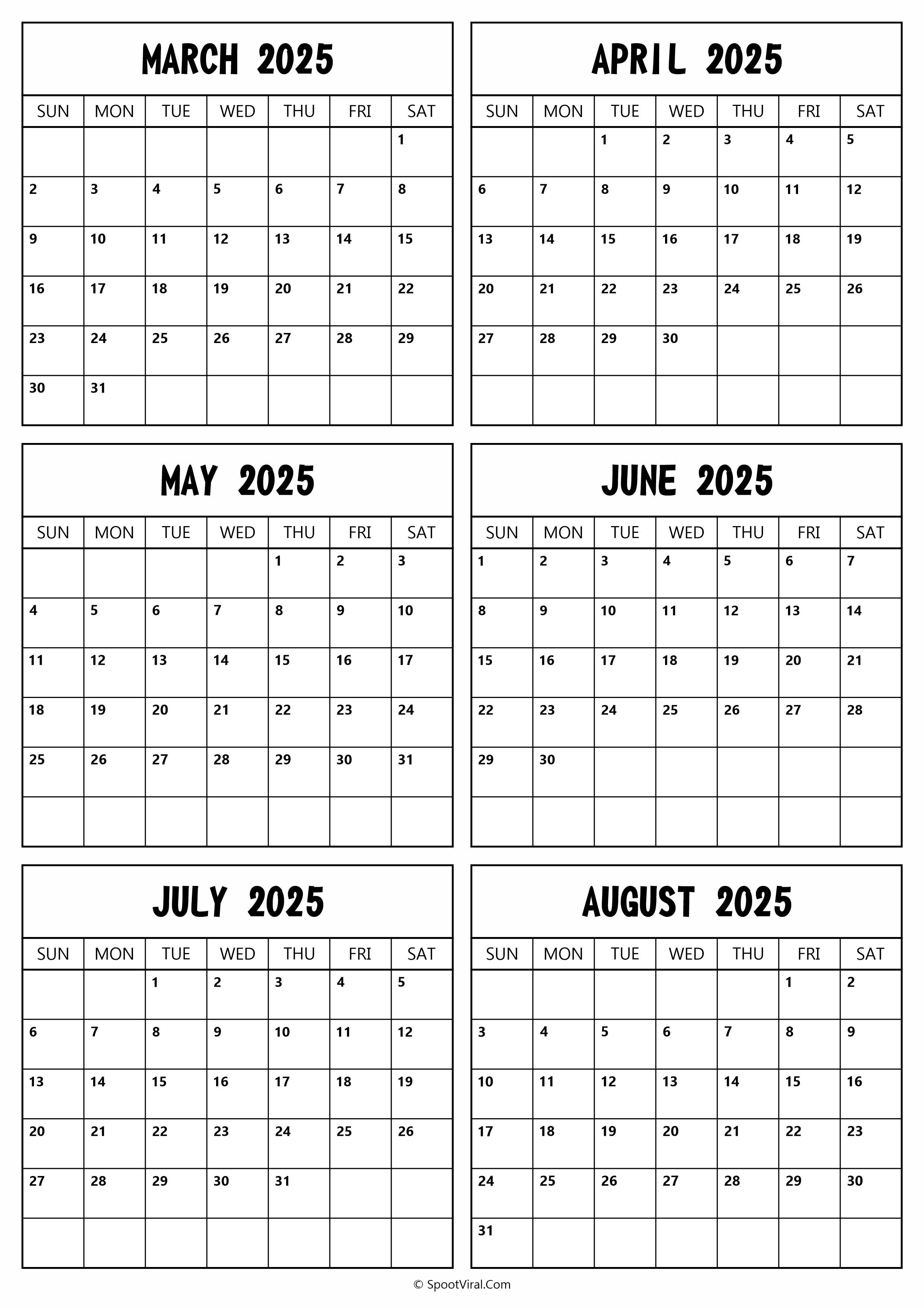 2025 March to August Calendar