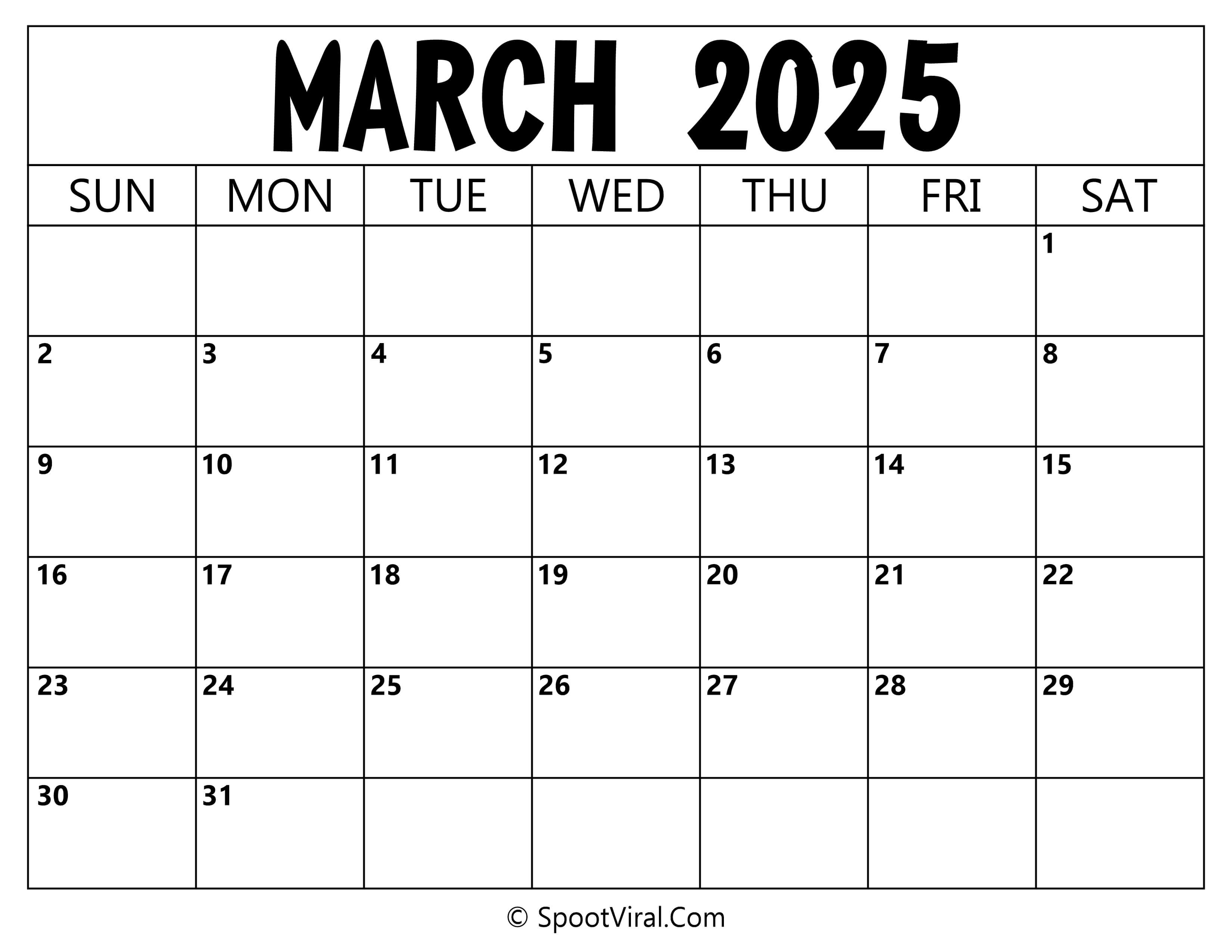 Blank Calendar March 2025