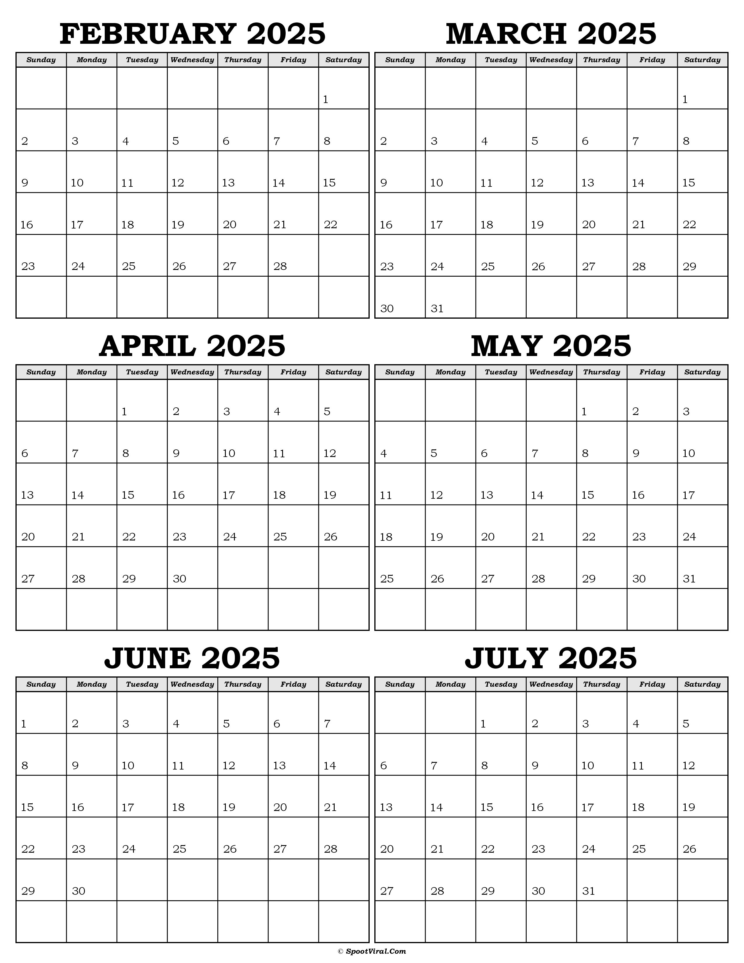 Calendar February to July 2025