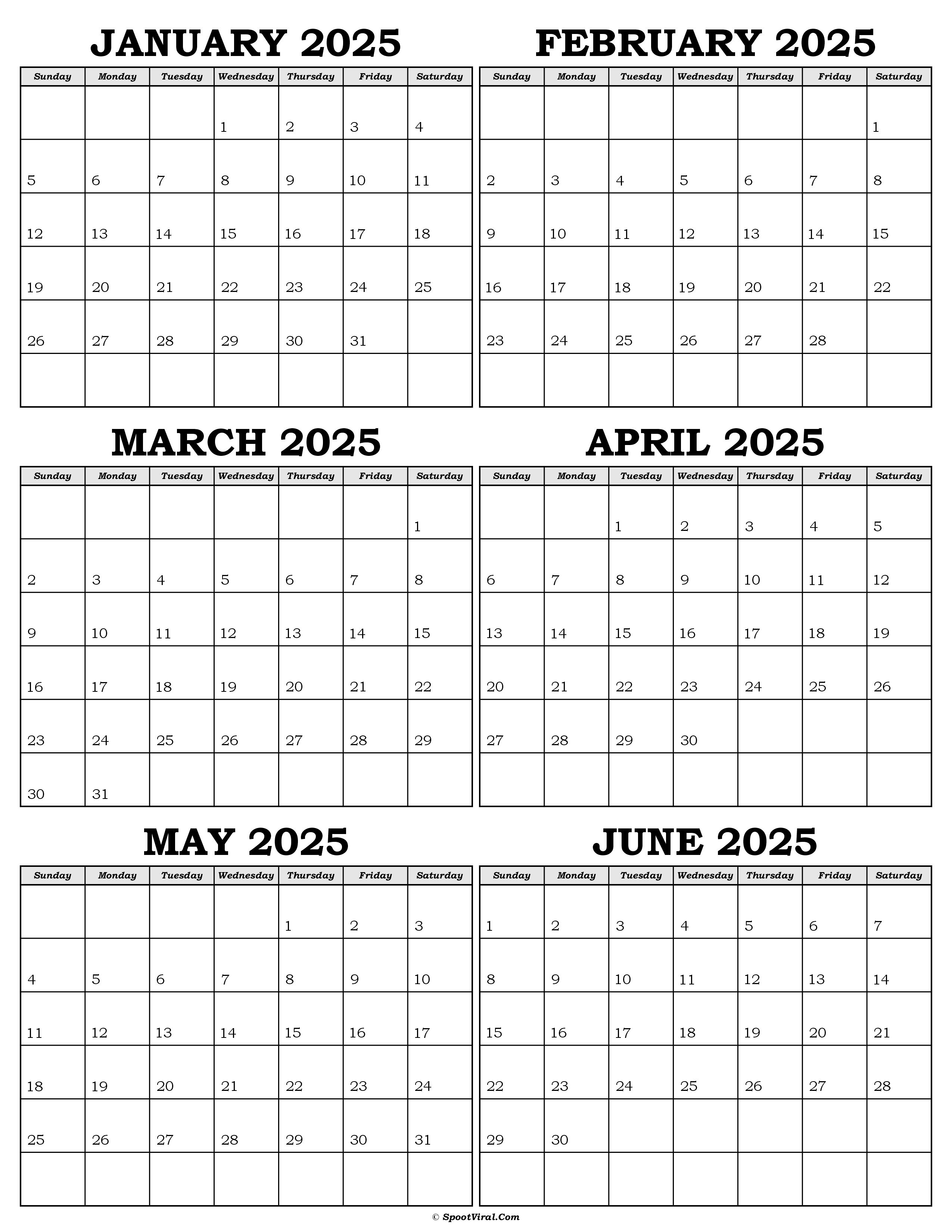January to June 2025 Calendar Templates SpootViral