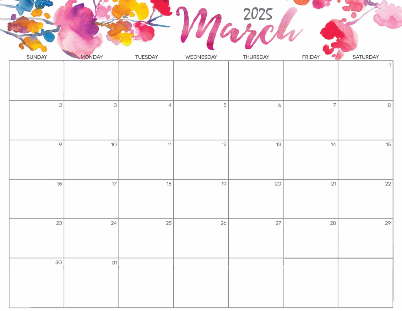 Floral March 2025 Calendar Cute