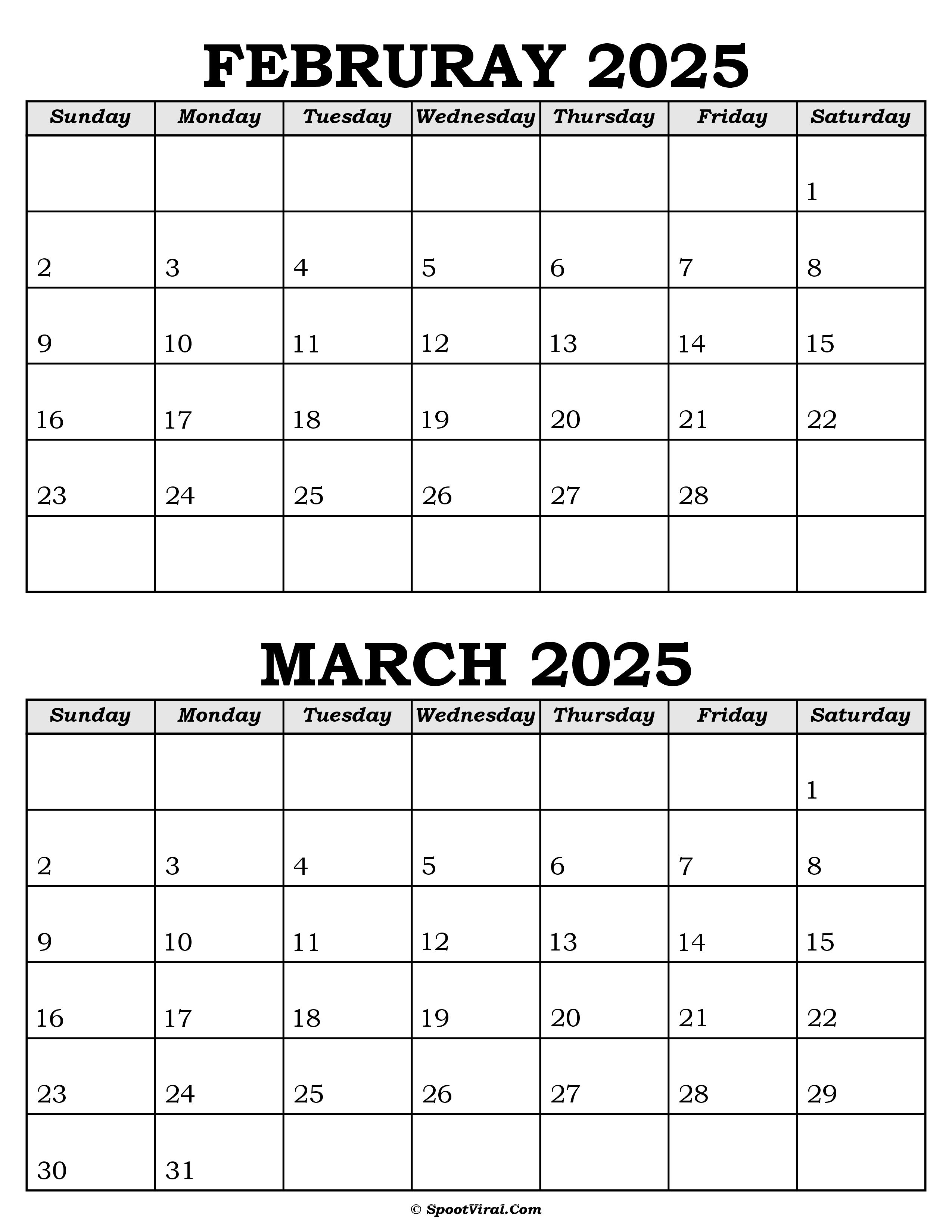 February March 2025 Calendar Templates SpootViral