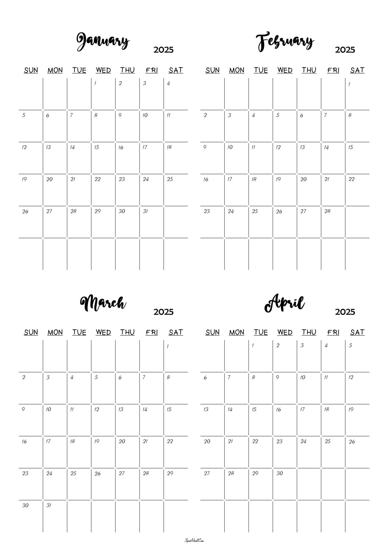 January To April 2025 Calendar Templates SpootViral