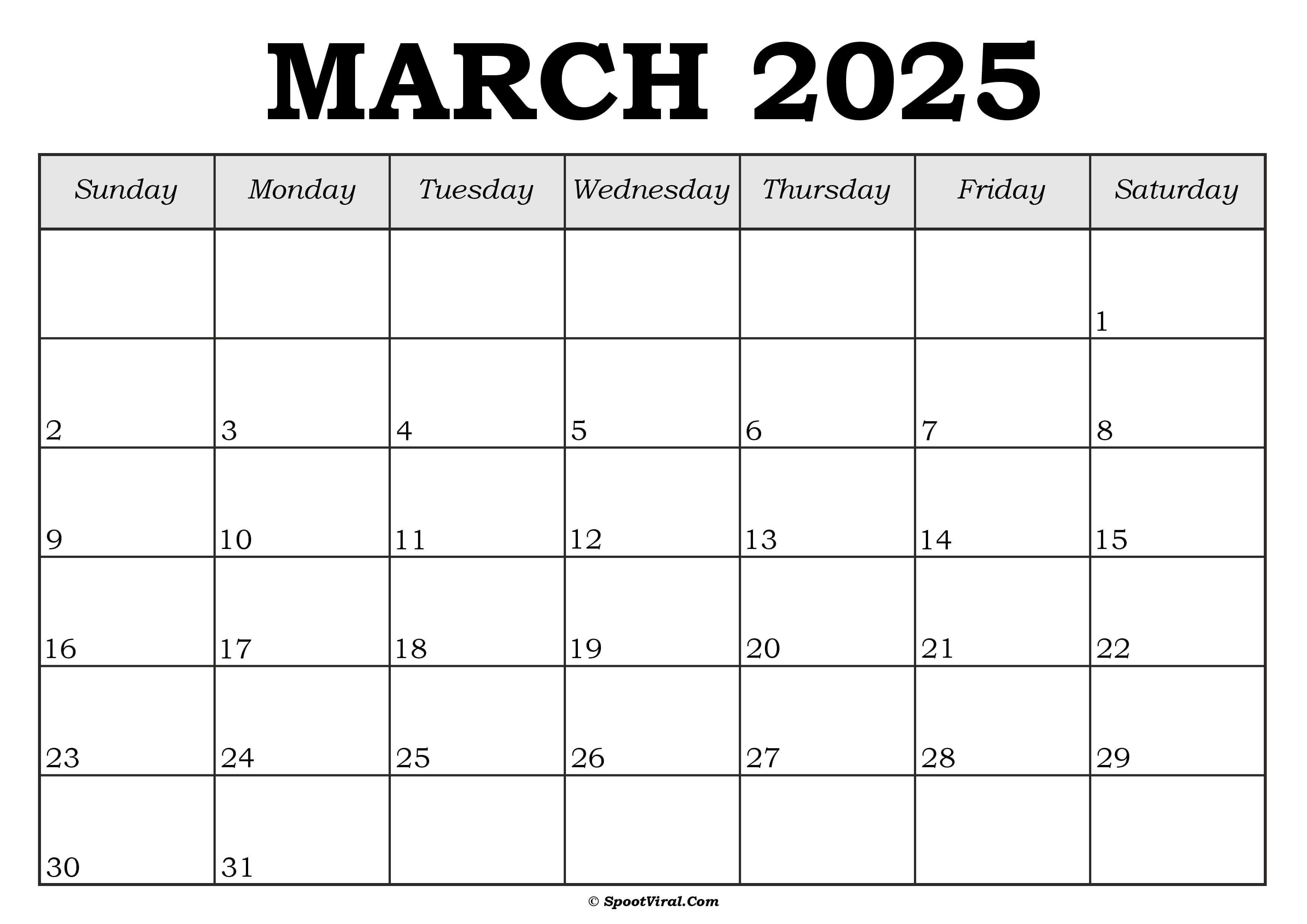 March 2025 Calendar Template