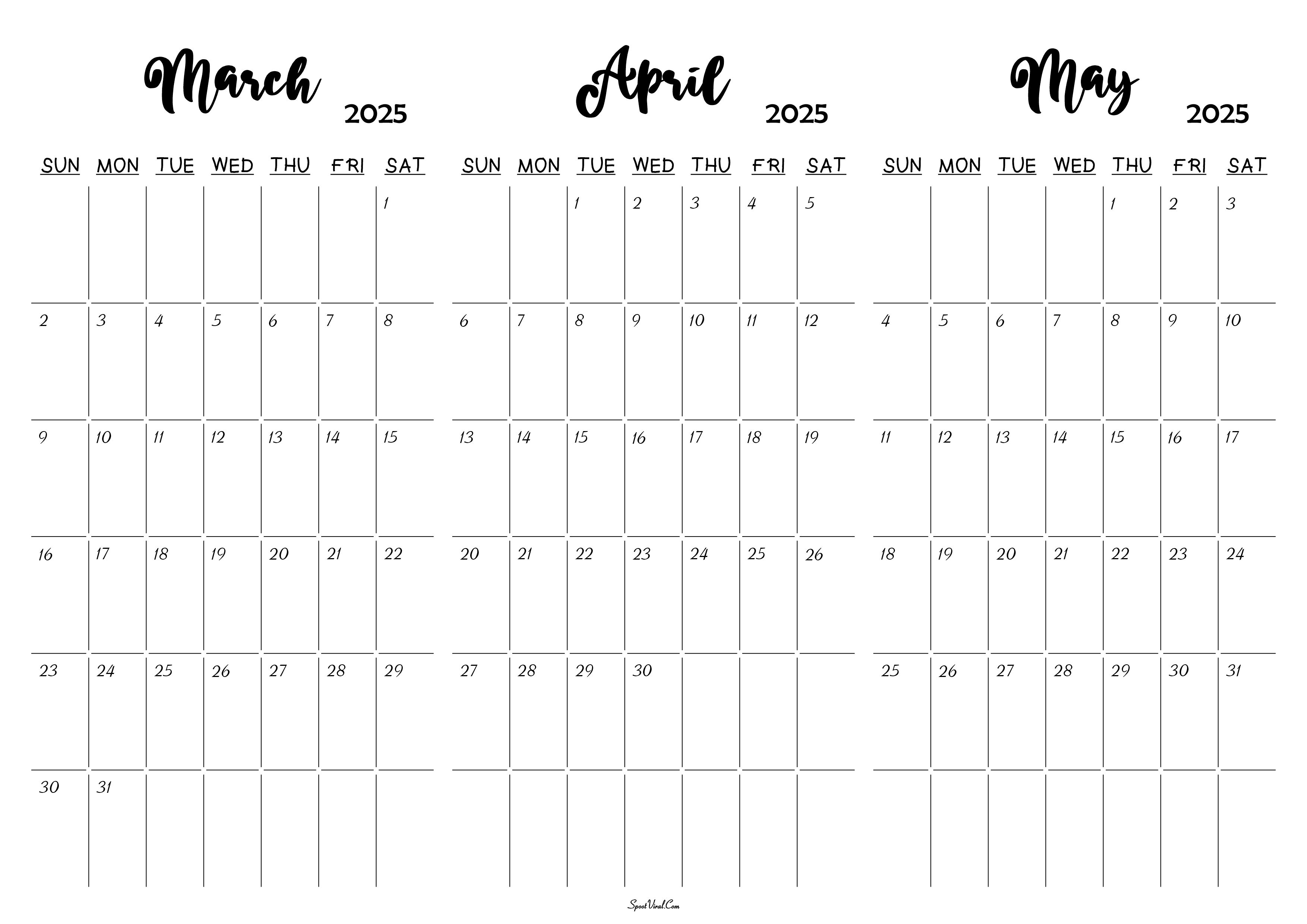 March To May 2025 Calendar Templates SpootViral