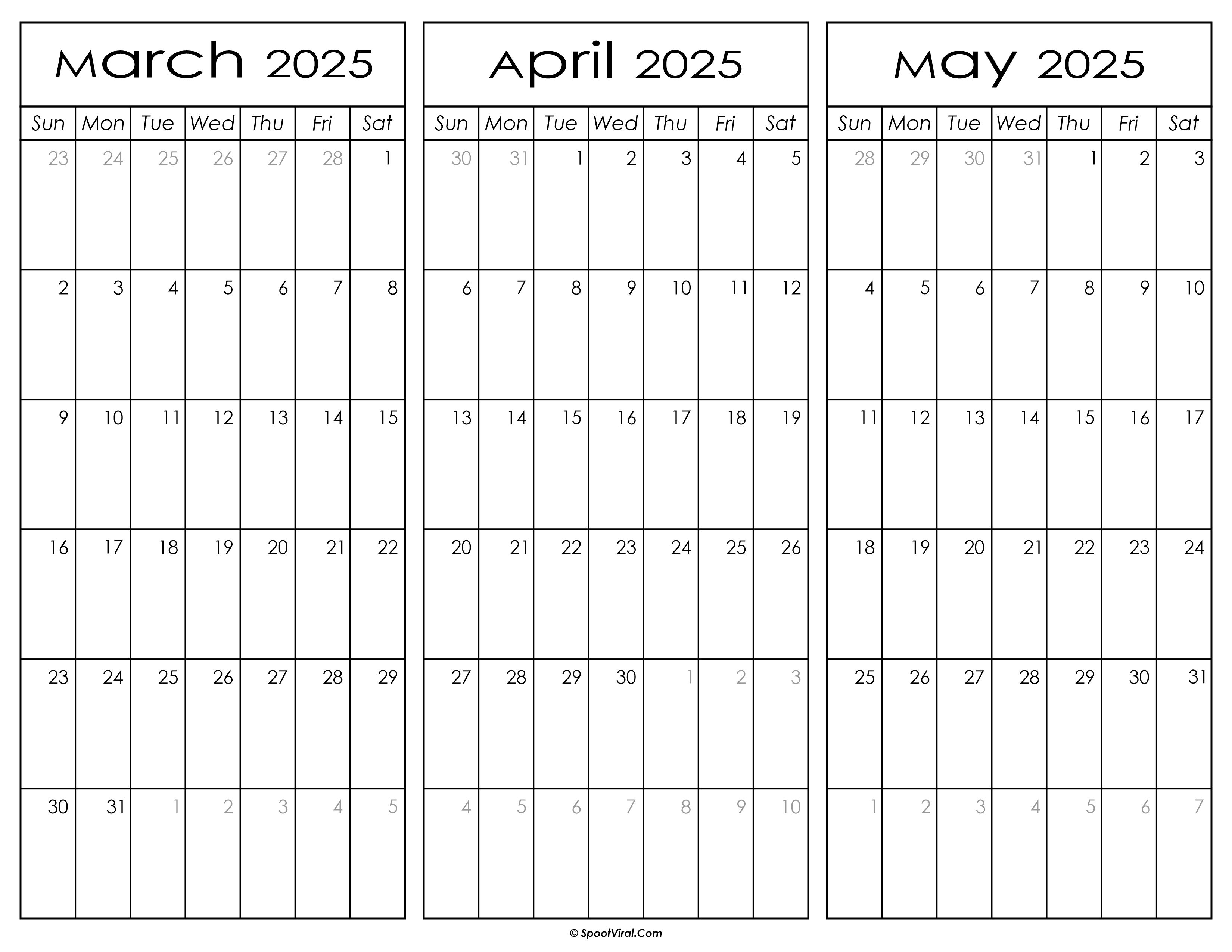 March April and May Calendar 2025
