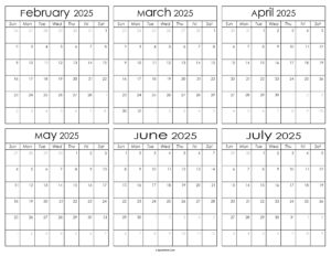 Printable February to July Calendar 2025