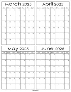 Printable March to June 2025 Calendars