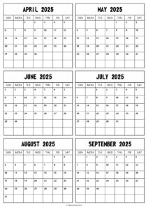 2025 April to September Calendar
