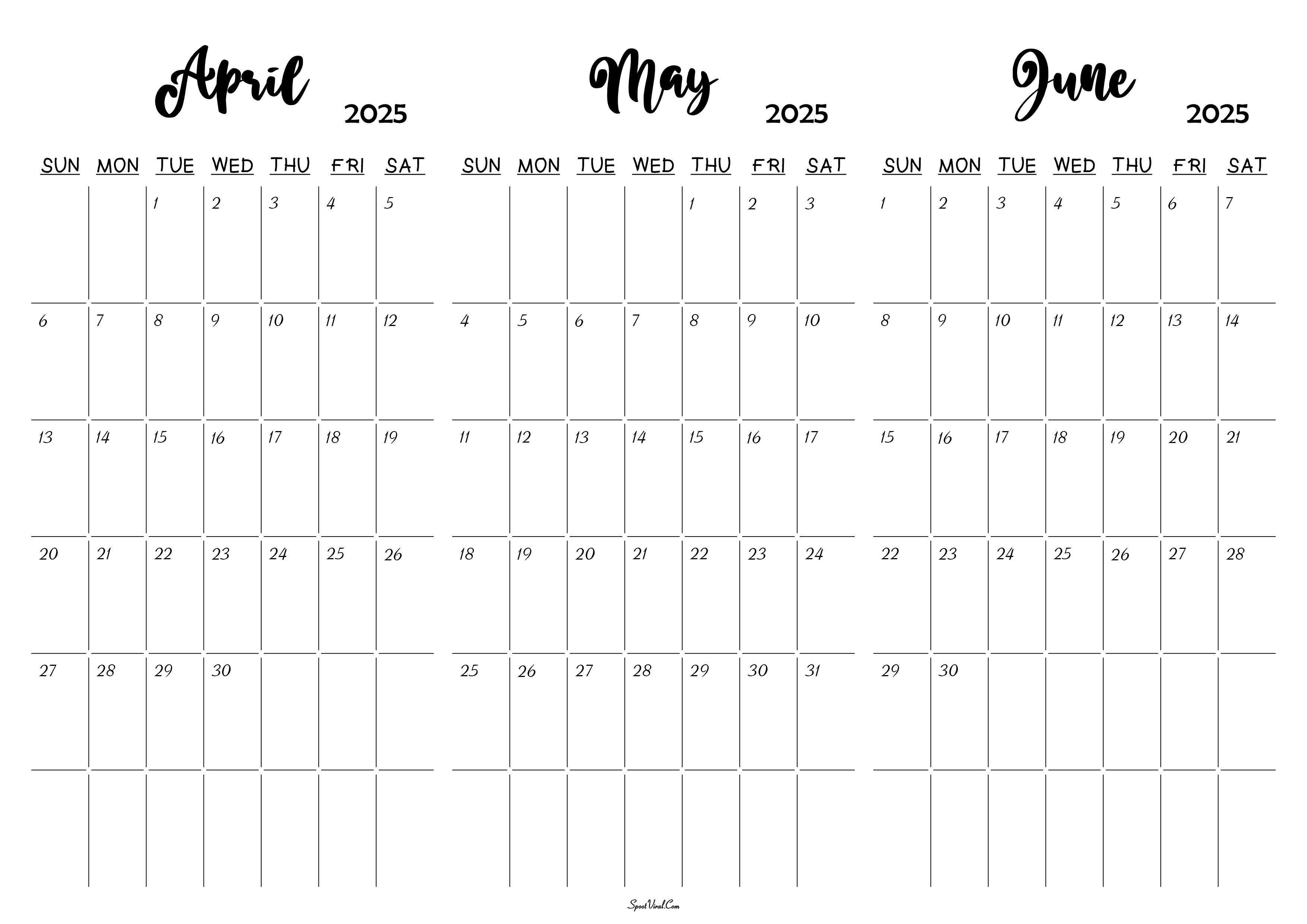 April May June 2025 Calendar