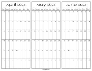 April May and June Calendar 2025