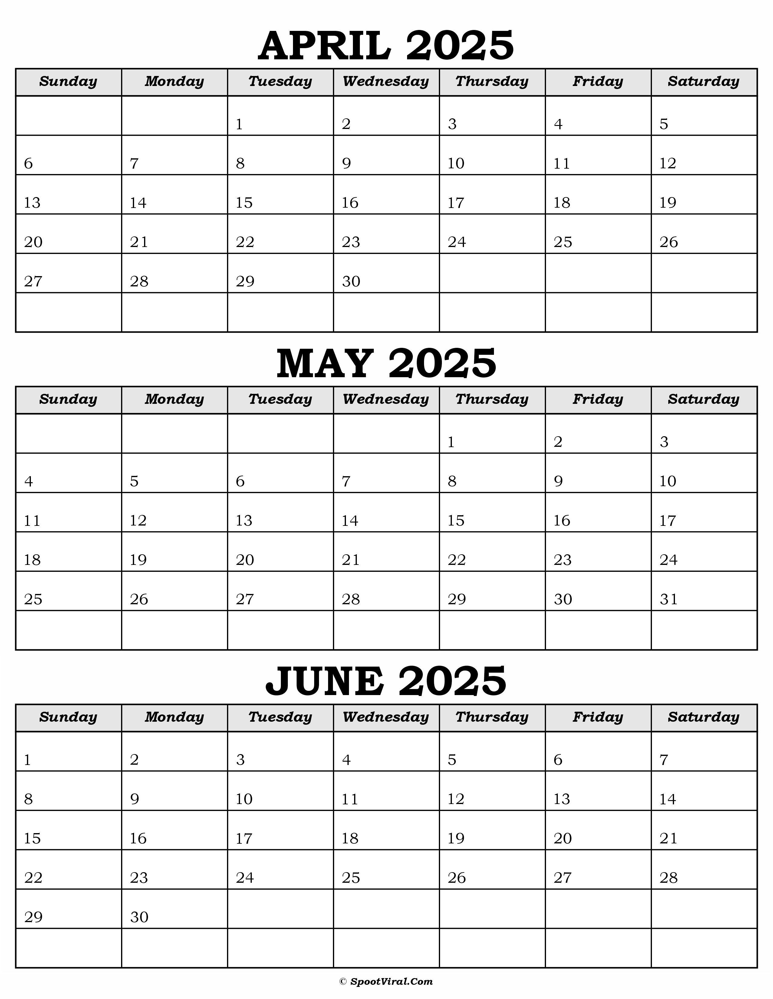 April To June 2025 Calendar Templates SpootViral