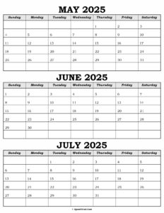 Calendar May June July 2025