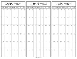 May June and July Calendar 2025