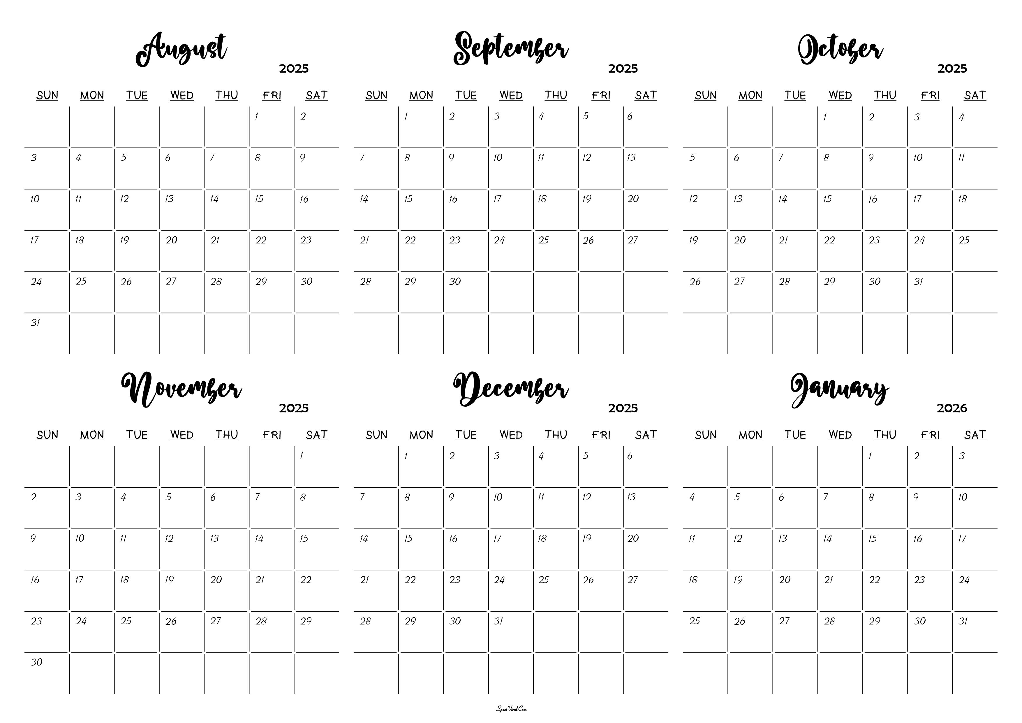 August 2025 to January 2026 Calendar