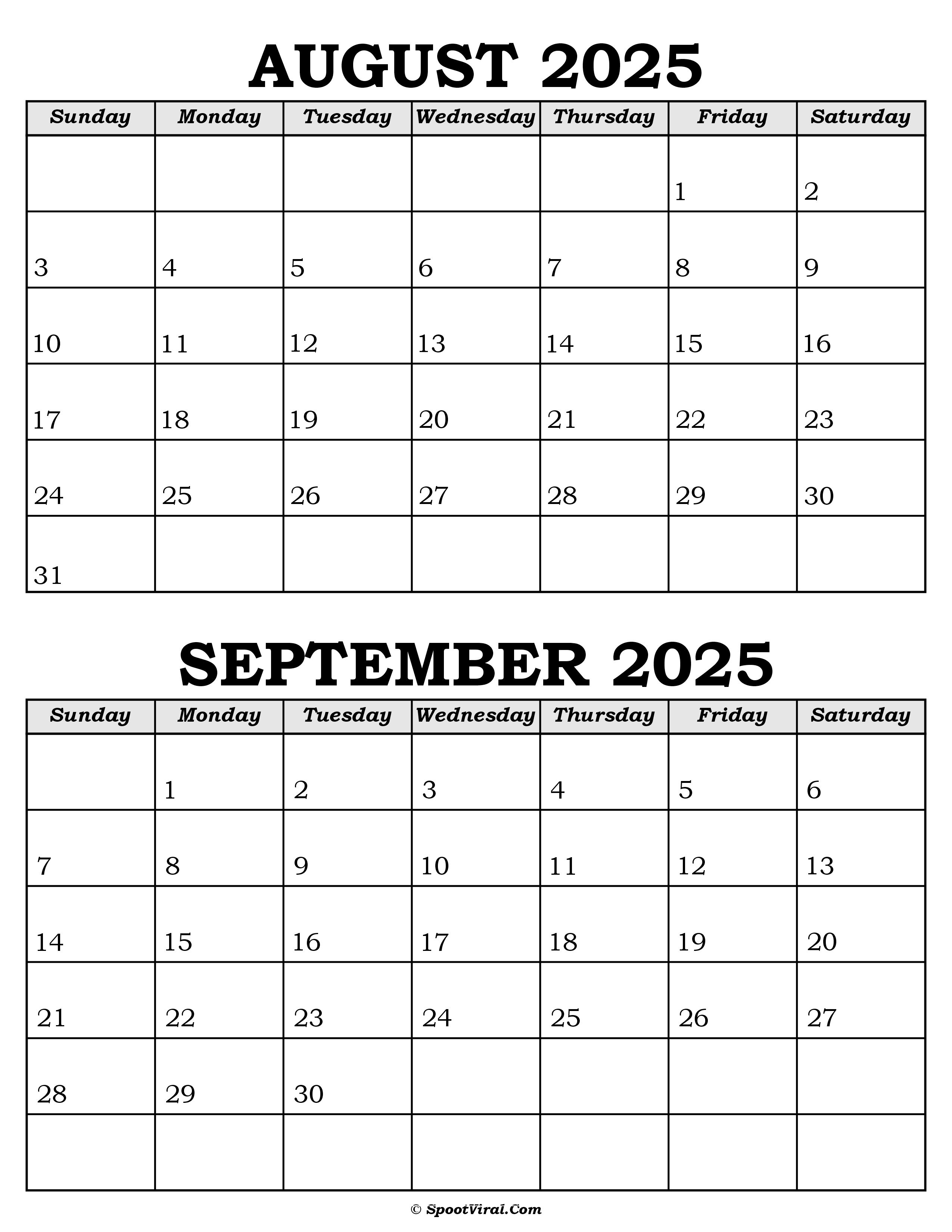August and September Calendar 2025