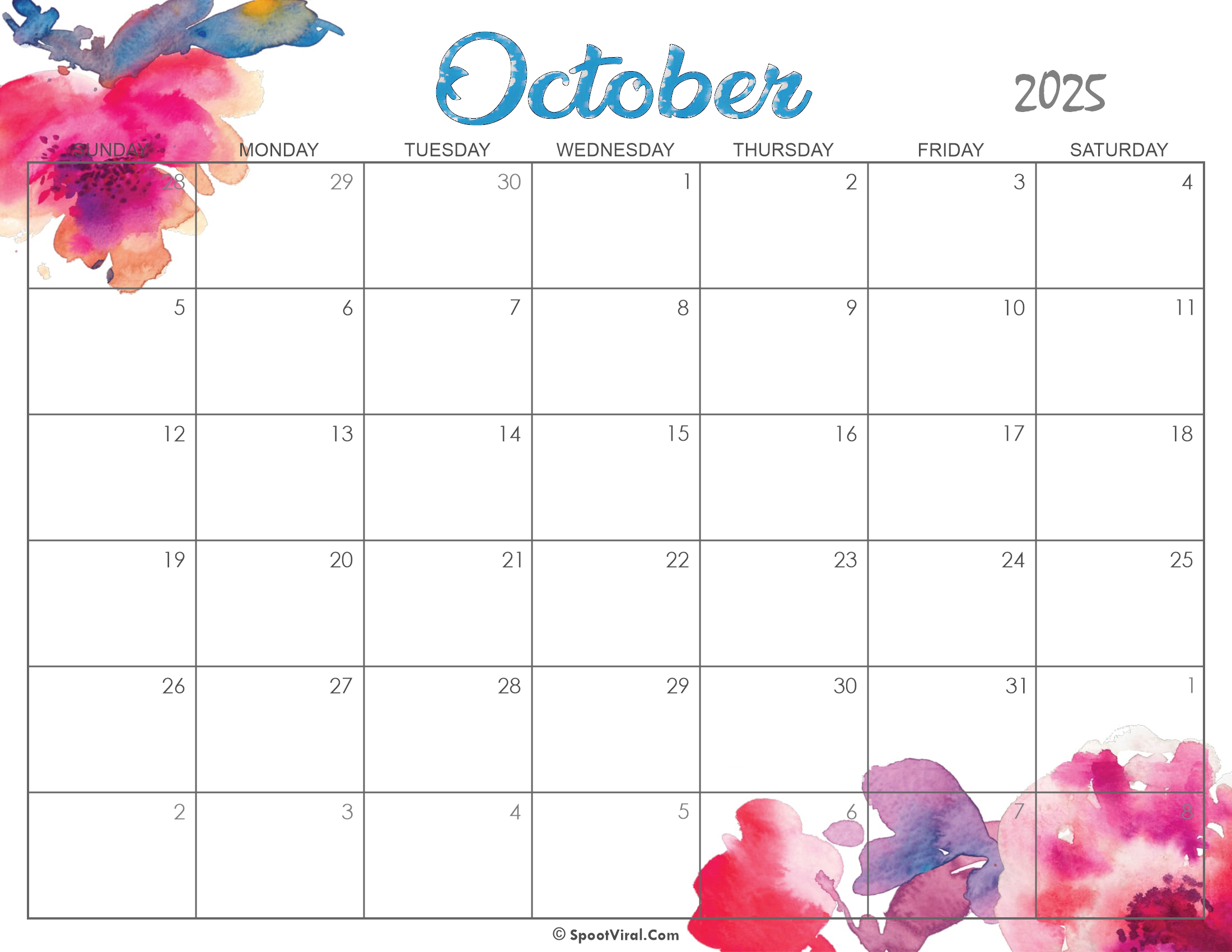 Cute October Calendar 2025 Printable