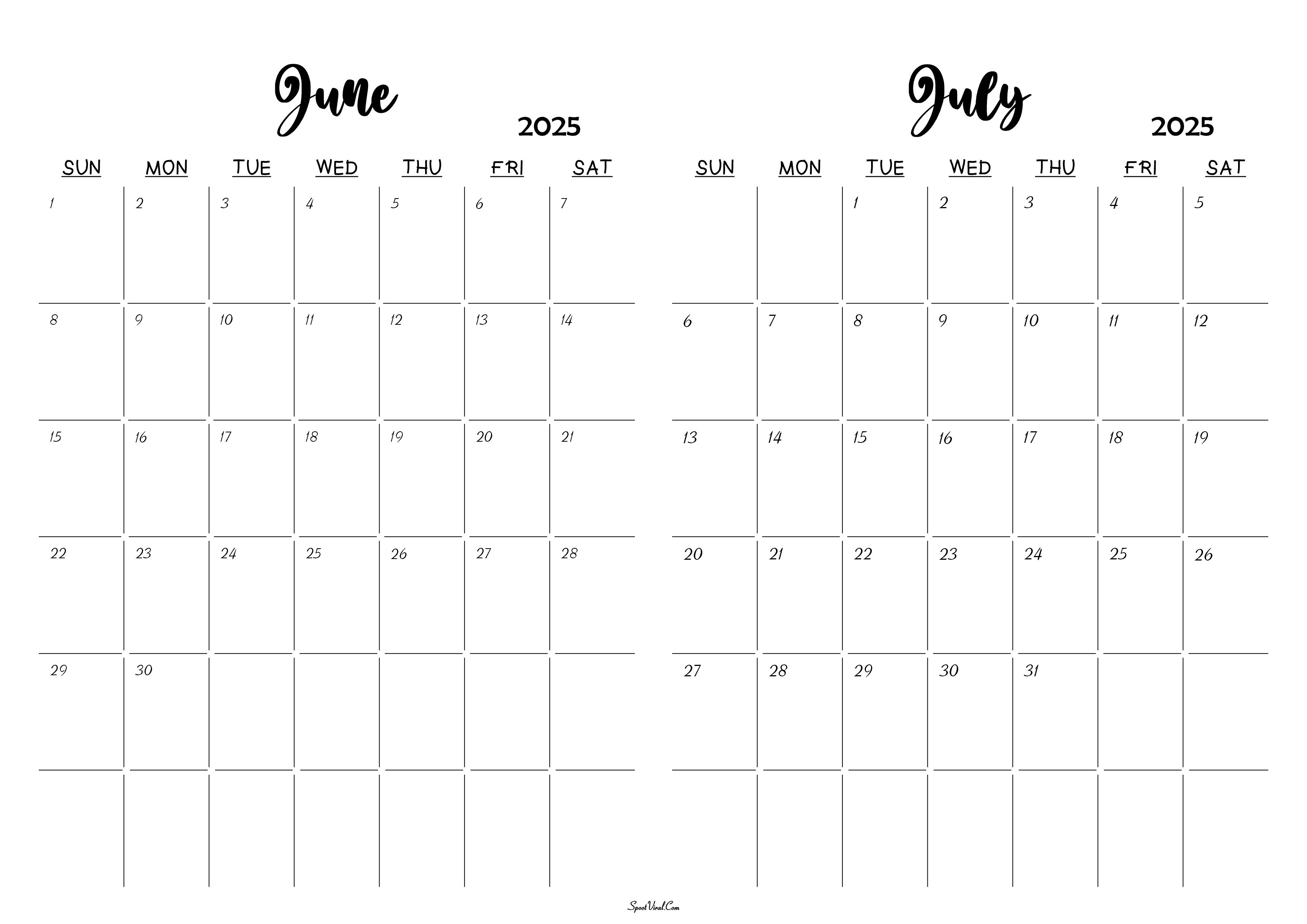 June July 2025 Calendar