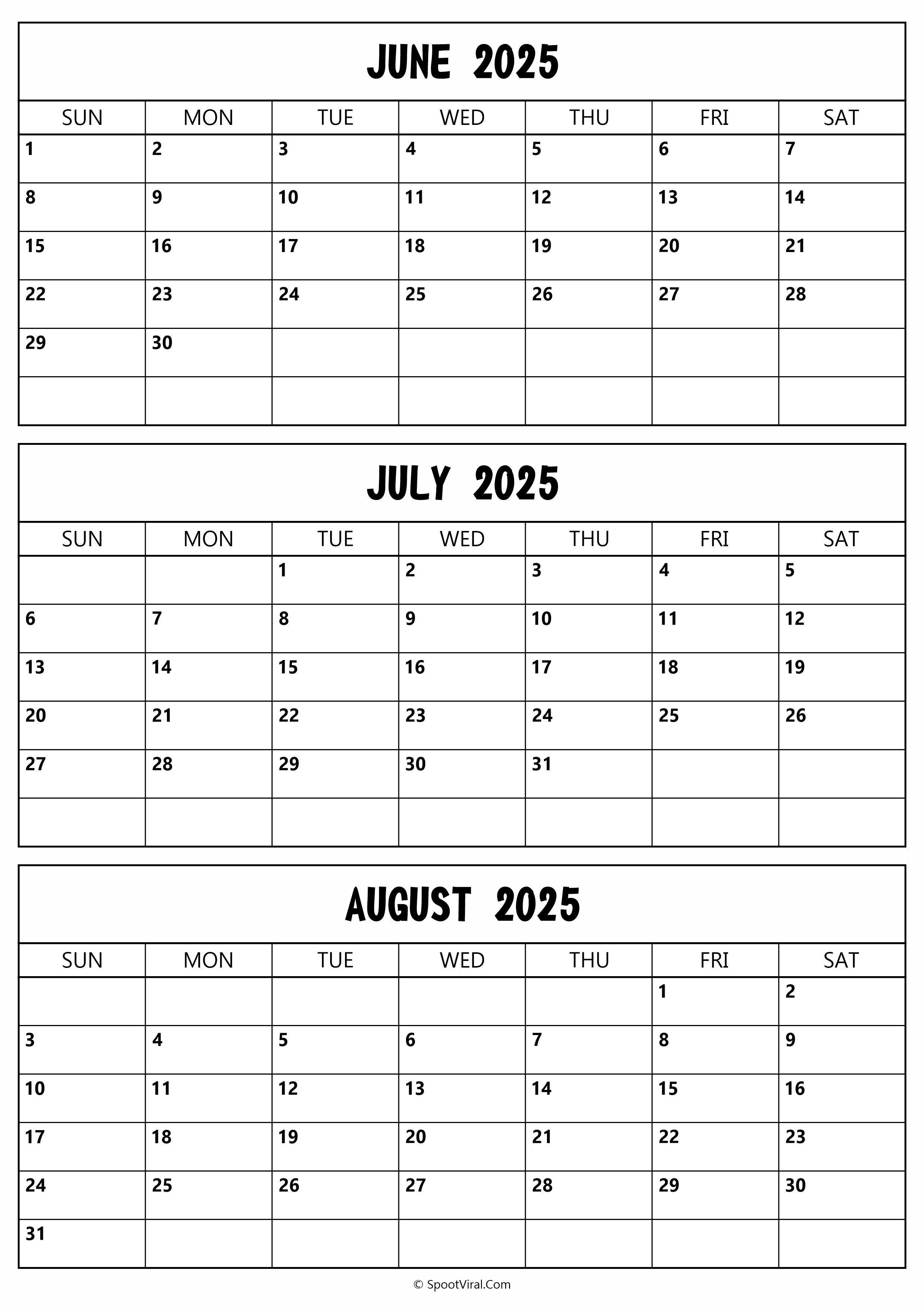 June to August 2025 Calendar