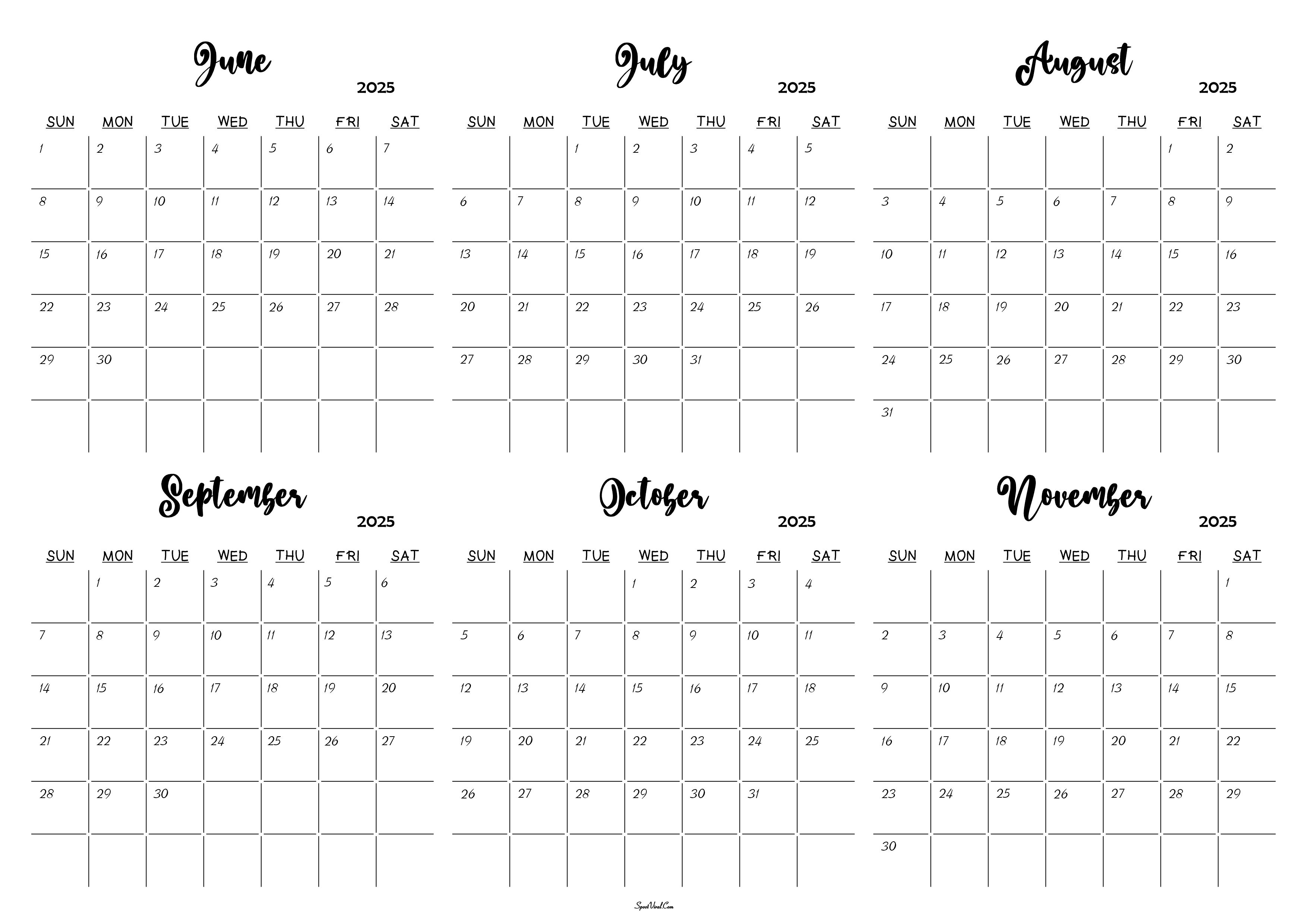 June to November 2025 Calendar