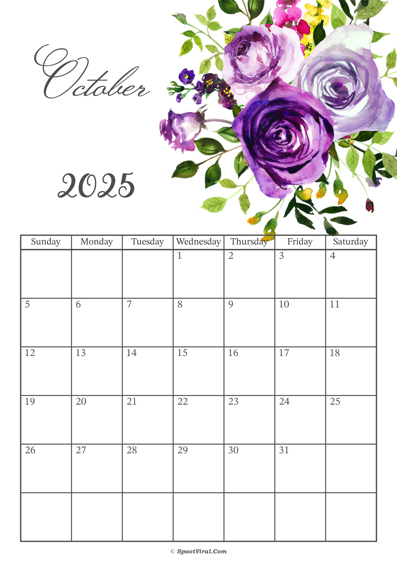 October 2025 Calendar Floral