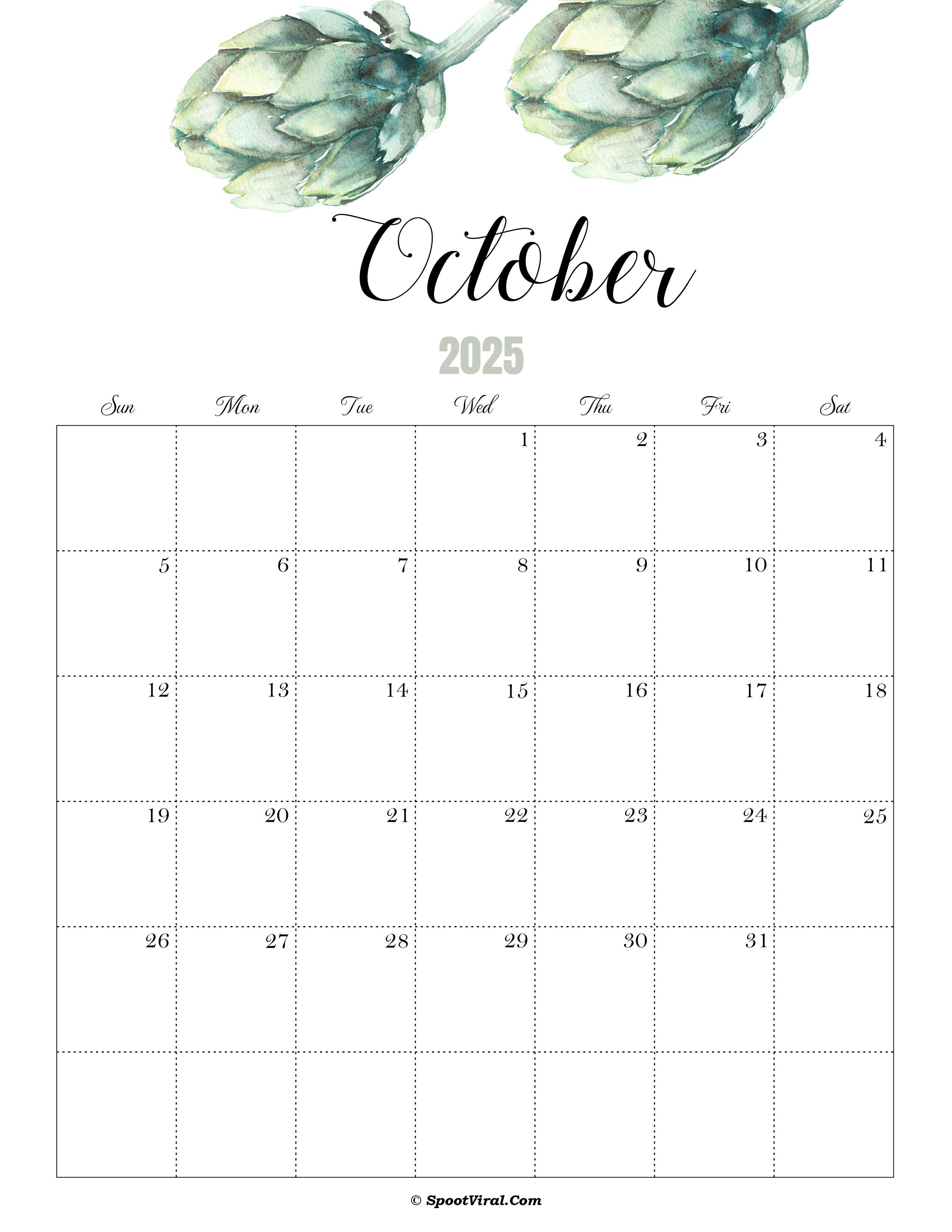 October Calendar 2025 Cute